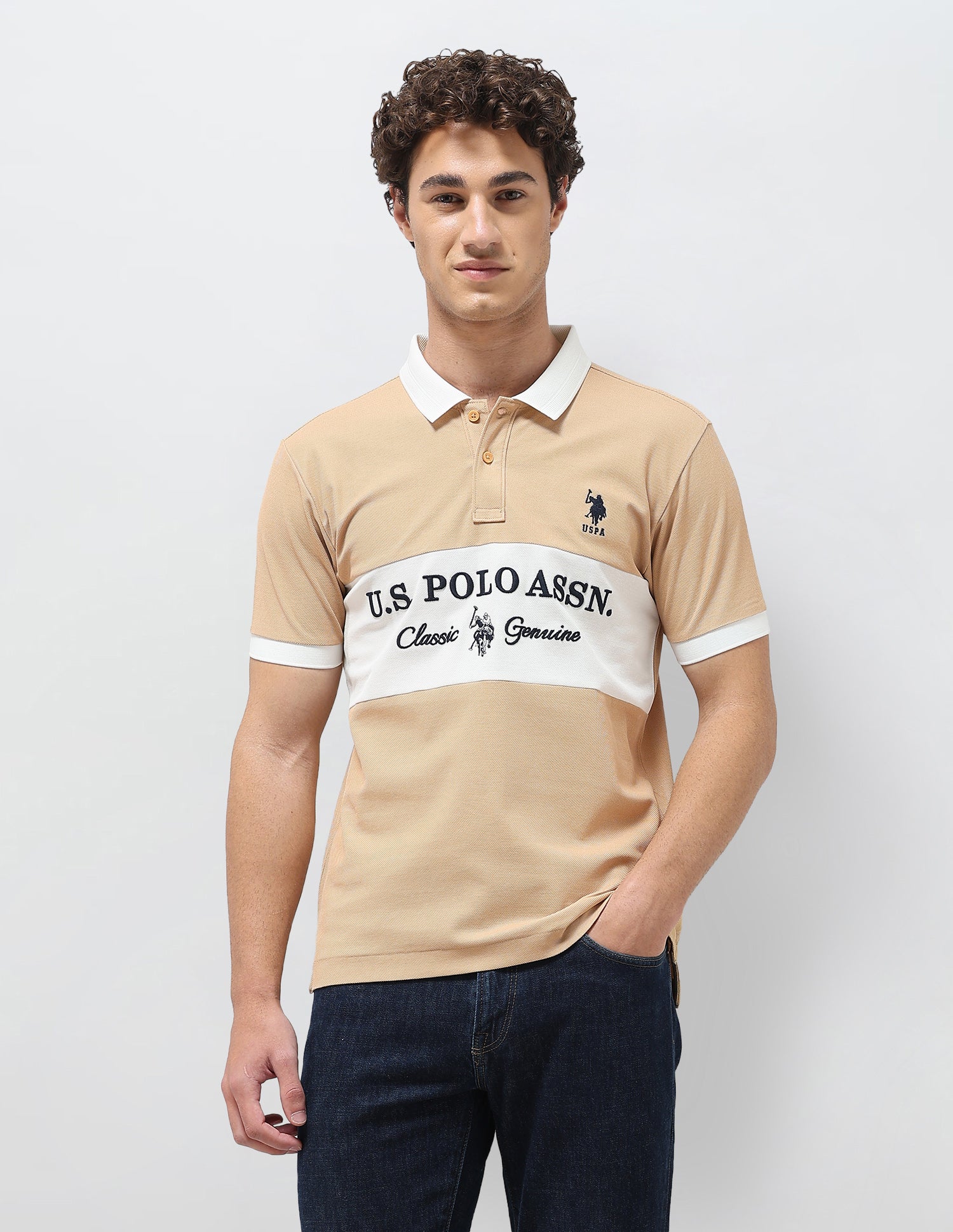 Colorblocked Brand Embroidered Slim Fit Polo Shirt Beige - U.S. Polo Assn. India | Large