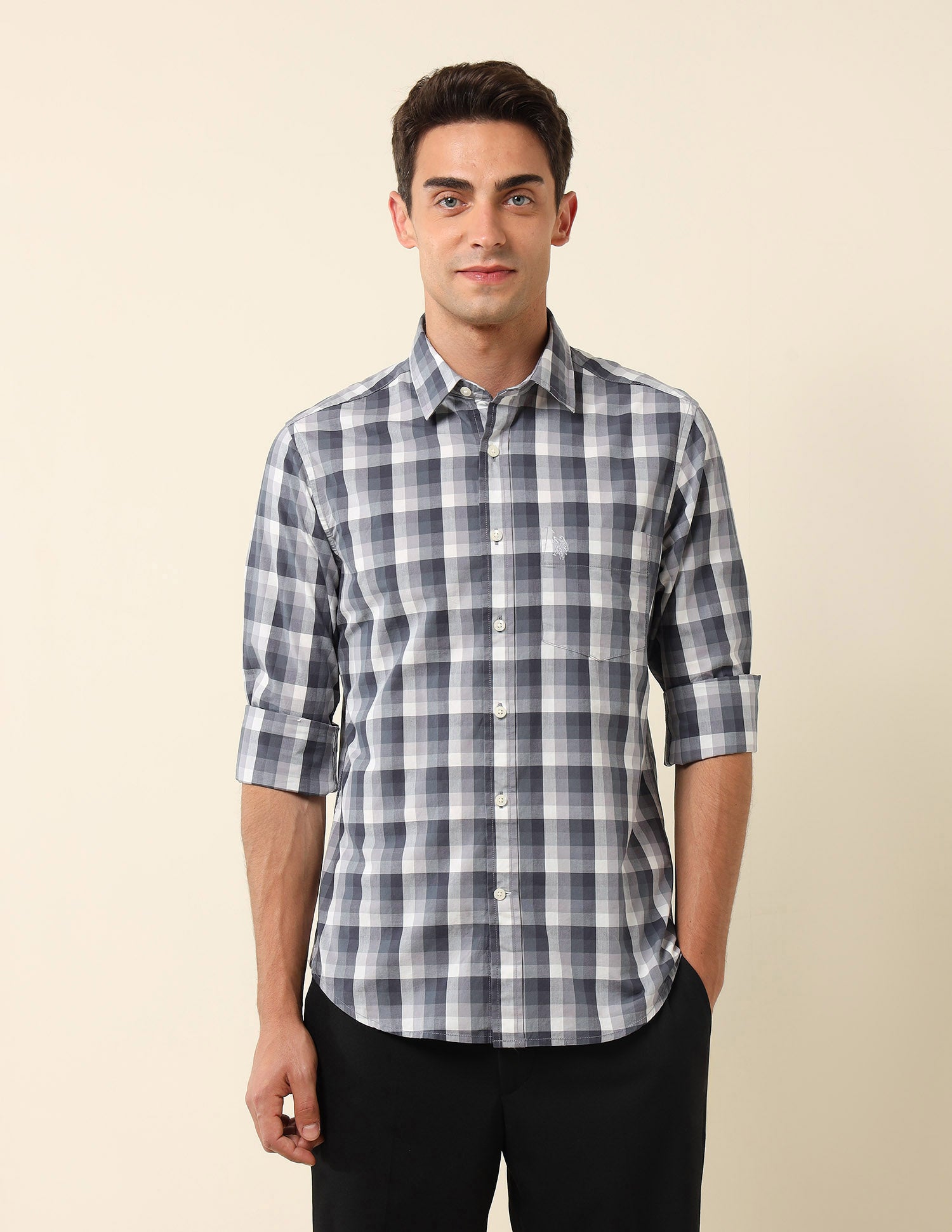 Grid Tattersall Checked Tailored Fit Shirt Light Grey - U.S. POLO ASSN. | Large