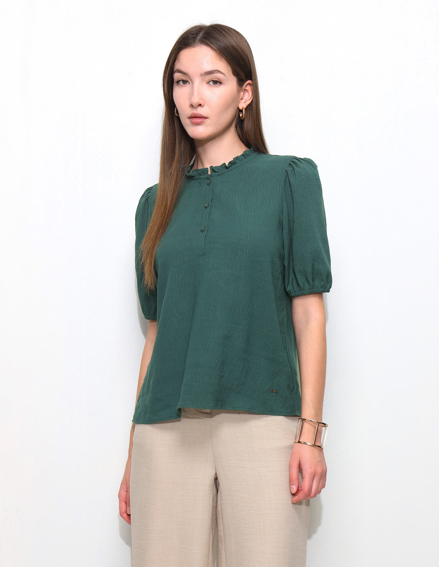 Solid Ruffle Neck Puff Sleeve Top Dark Green - U.S. Polo Assn. India | Large