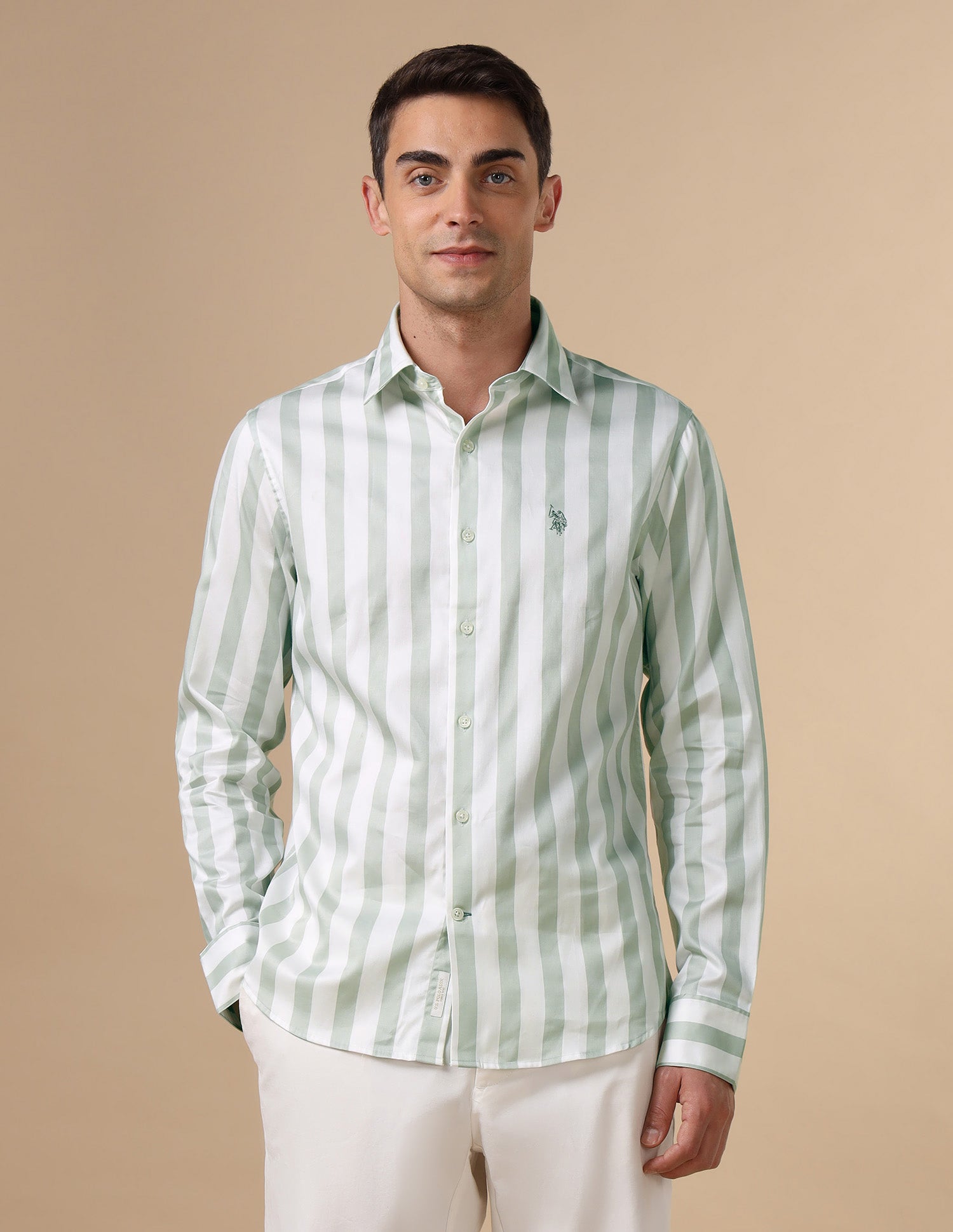 Vertical Striped Pure Cotton Shirt Light Green - U.S. POLO ASSN. | Large