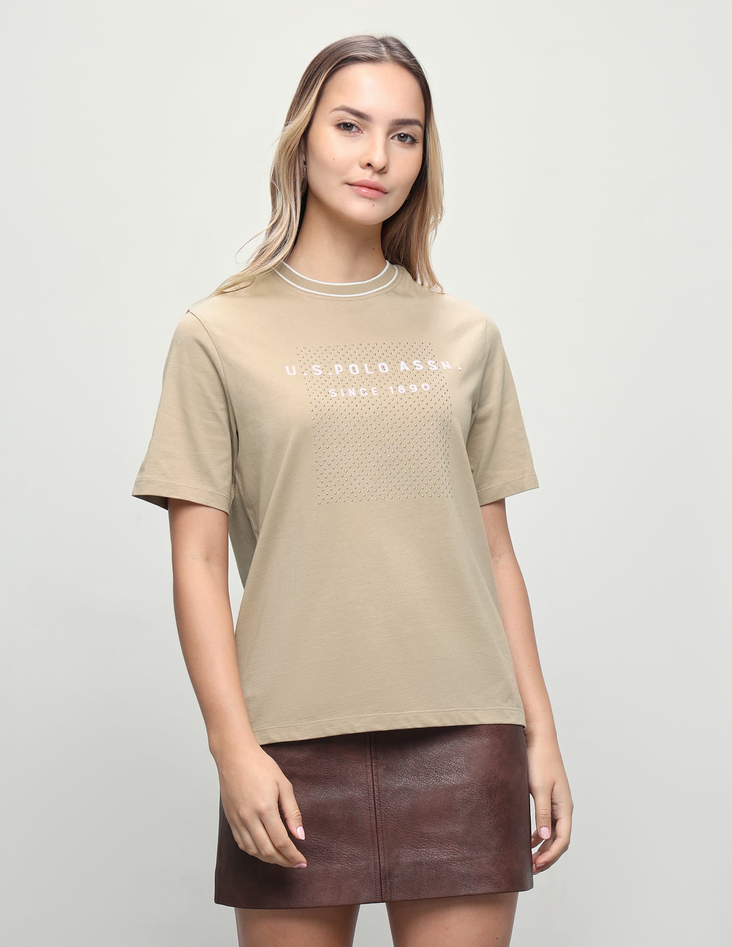 Brand Embossed Boxy Fit Studded T-Shirt Ecru - U.S. Polo Assn. India | Large