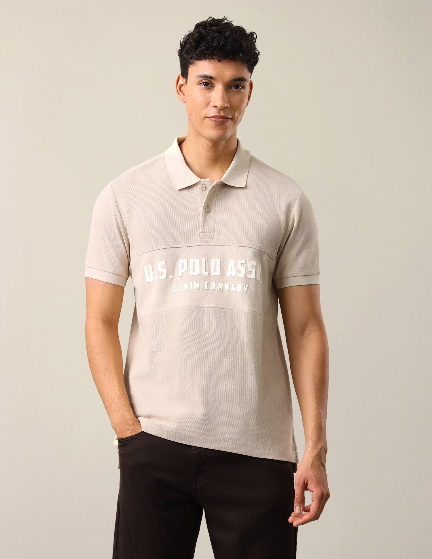 Brand Embossed Slim Fit Polo Shirt Beige - U.S. Polo Assn. India | Large