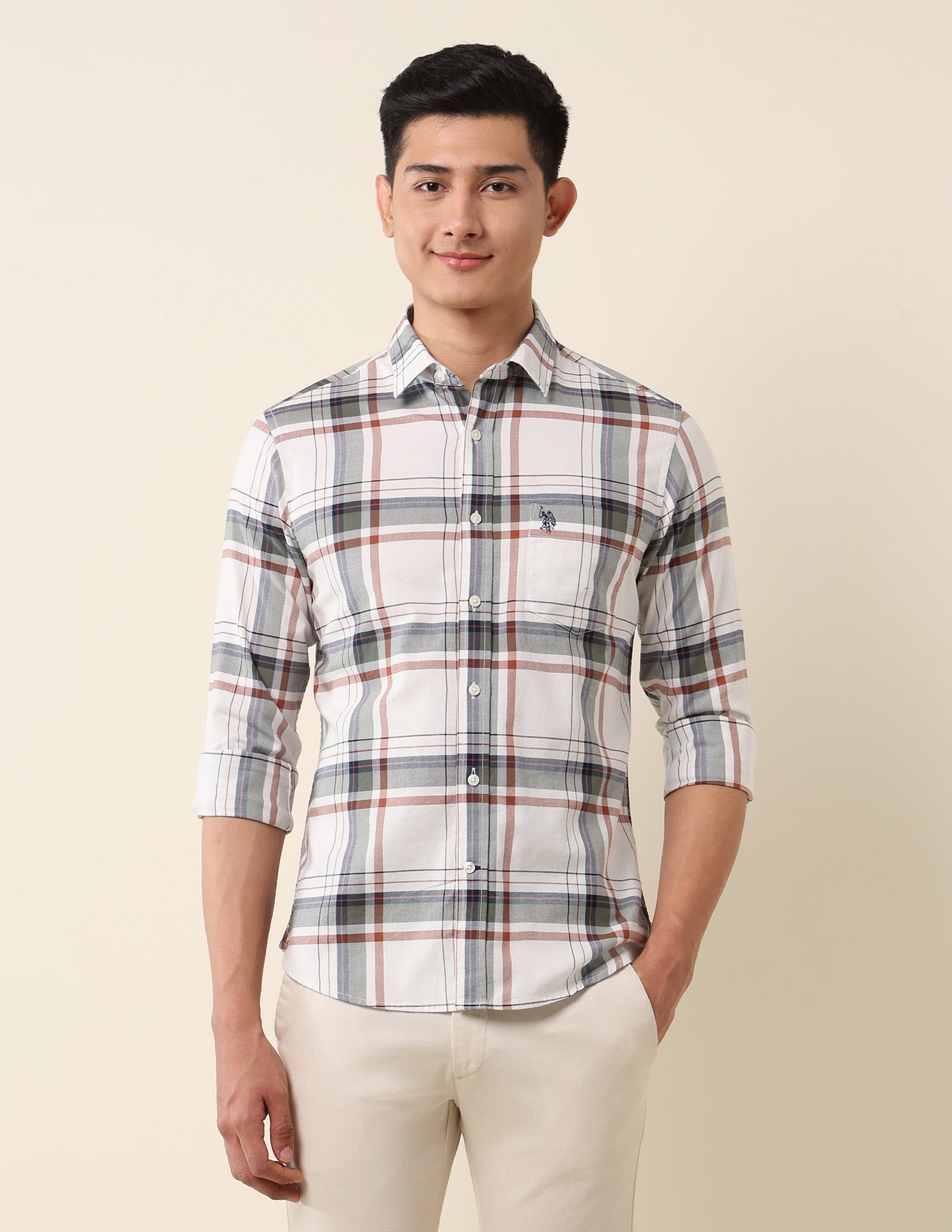 Plaid Checked Pure Cotton Shirt Off White - U.S. Polo Assn. India | Large