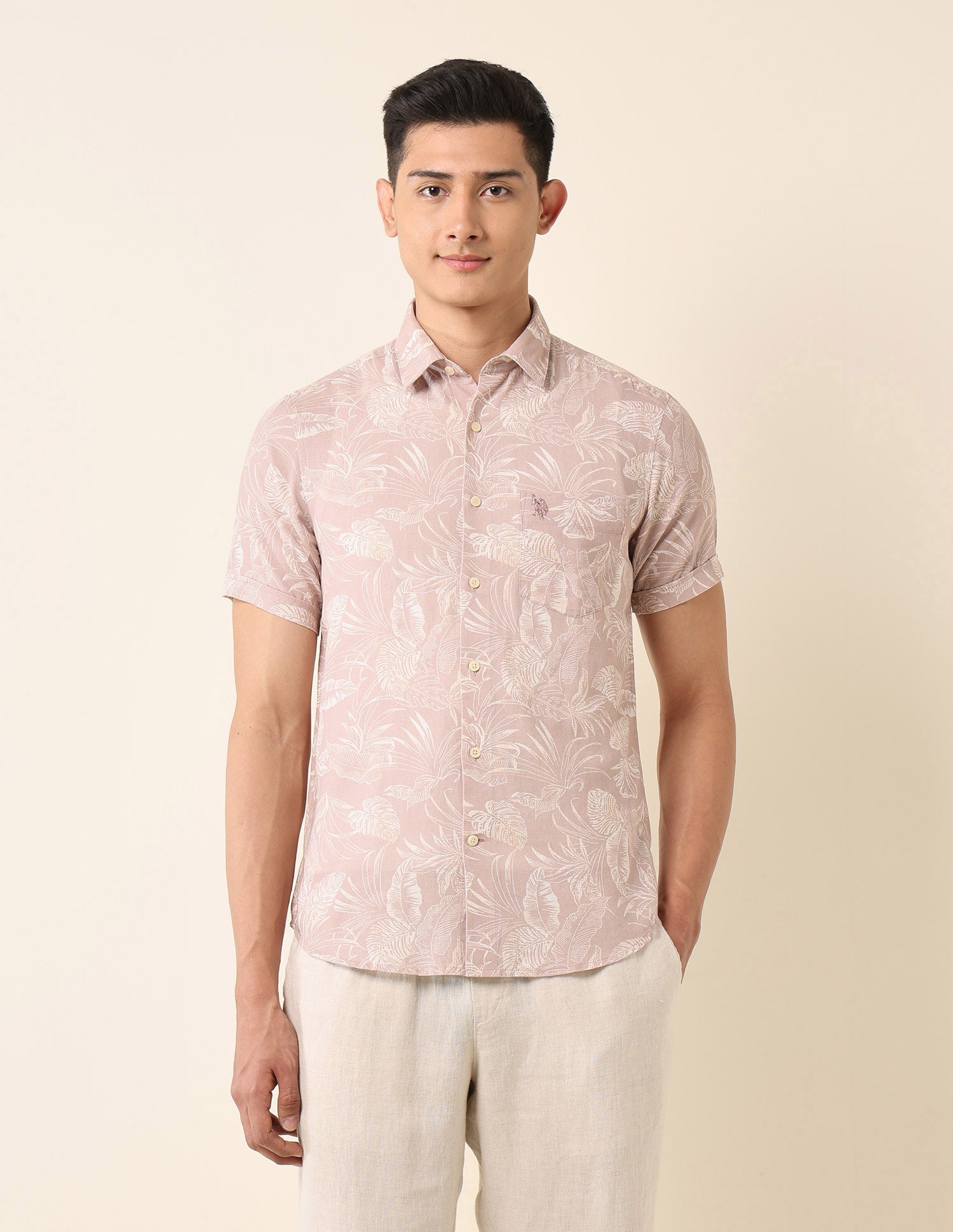 Tailored Fit Tropical Printed Shirt Peach - U.S. Polo Assn. India | Large