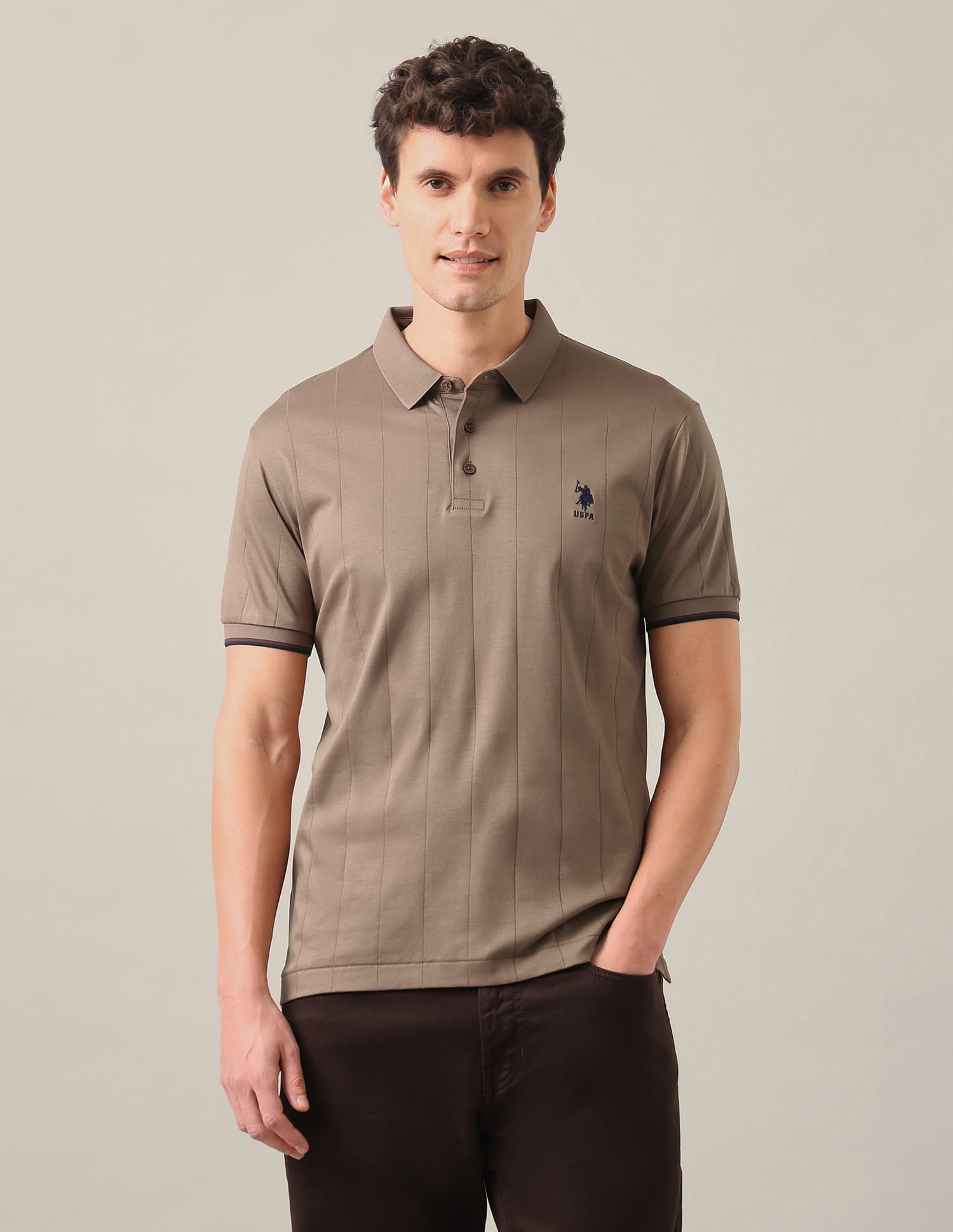 Vertical Striped Patterned Knit Slim Fit Polo Shirt Brown - U.S. Polo Assn. India | Large