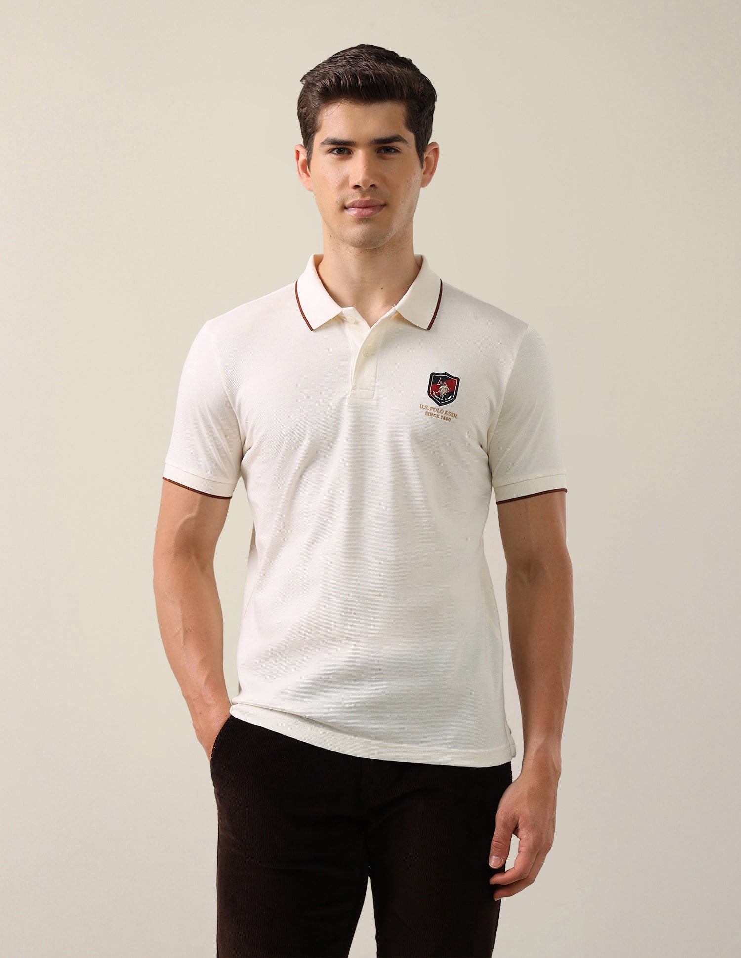 Solid Slim Fit Polo Shirt Off White - U.S. Polo Assn. India | Large