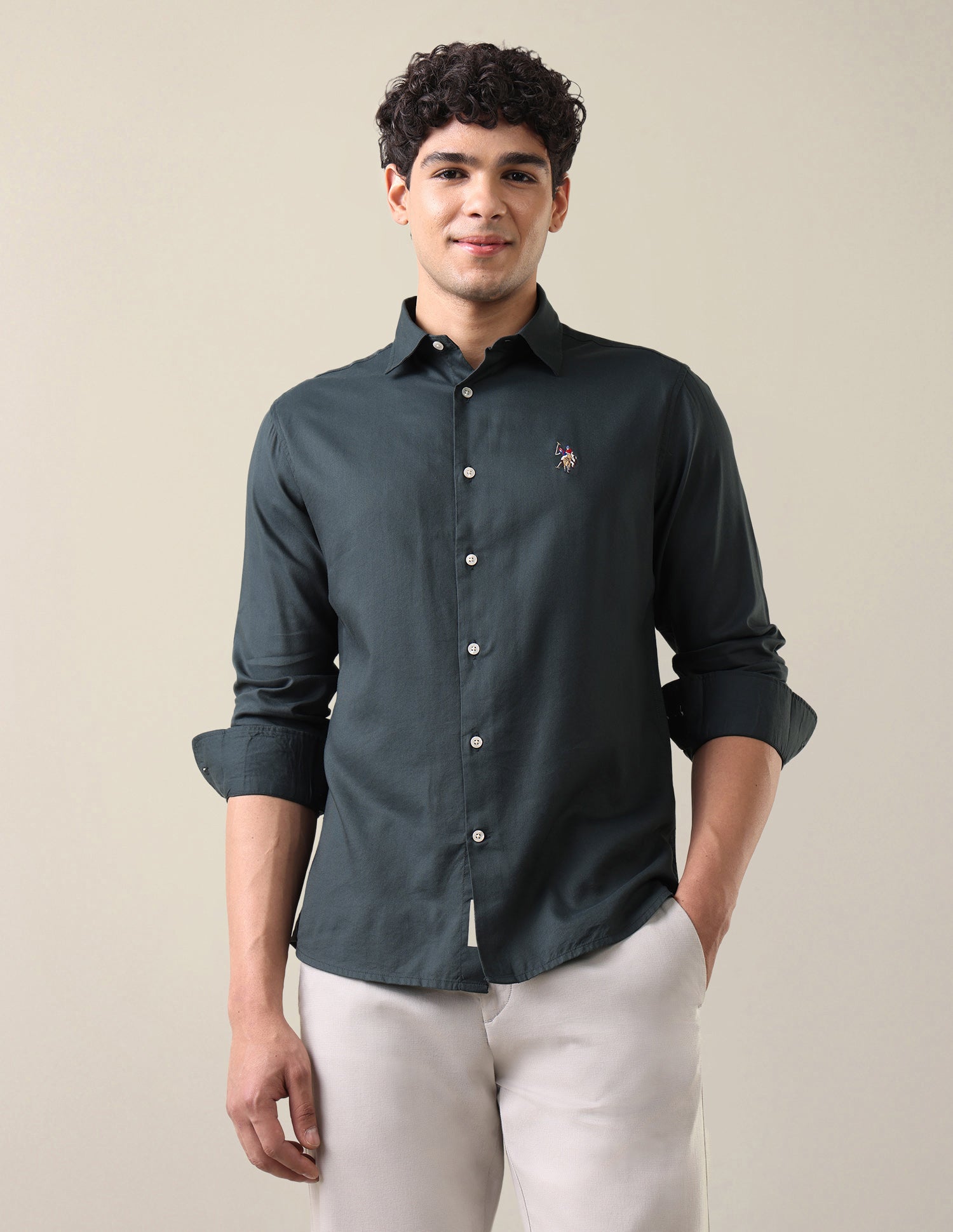 Twill Regular Fit Shirt Dark Green - U.S. Polo Assn. India | Large