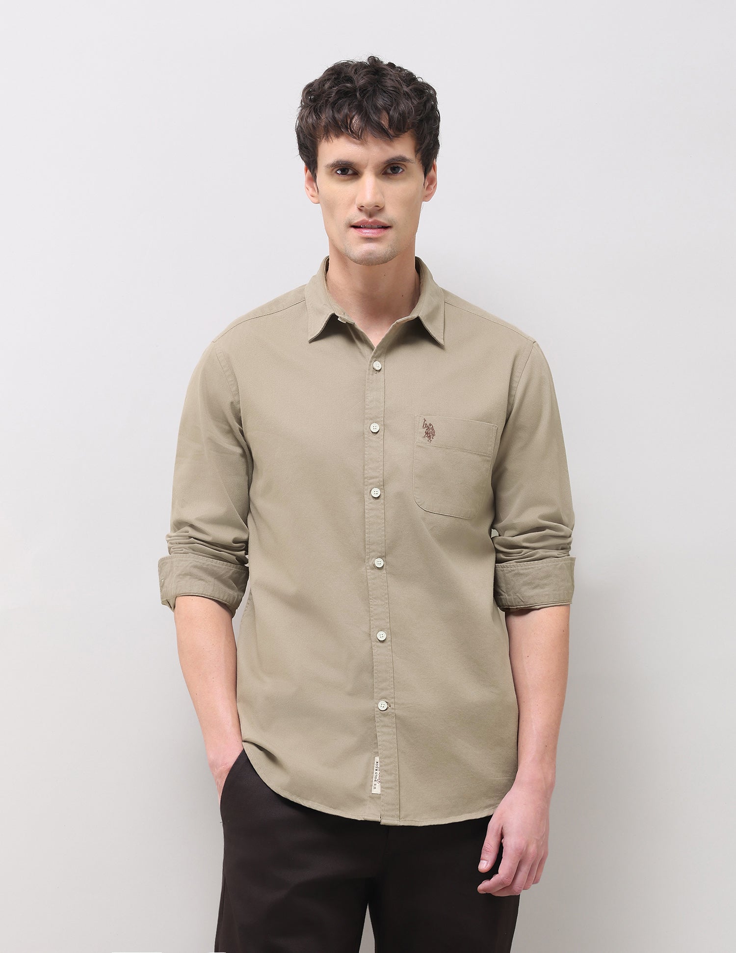 Solid Regular Fit Shirt Khaki - U.S. Polo Assn. India | Large