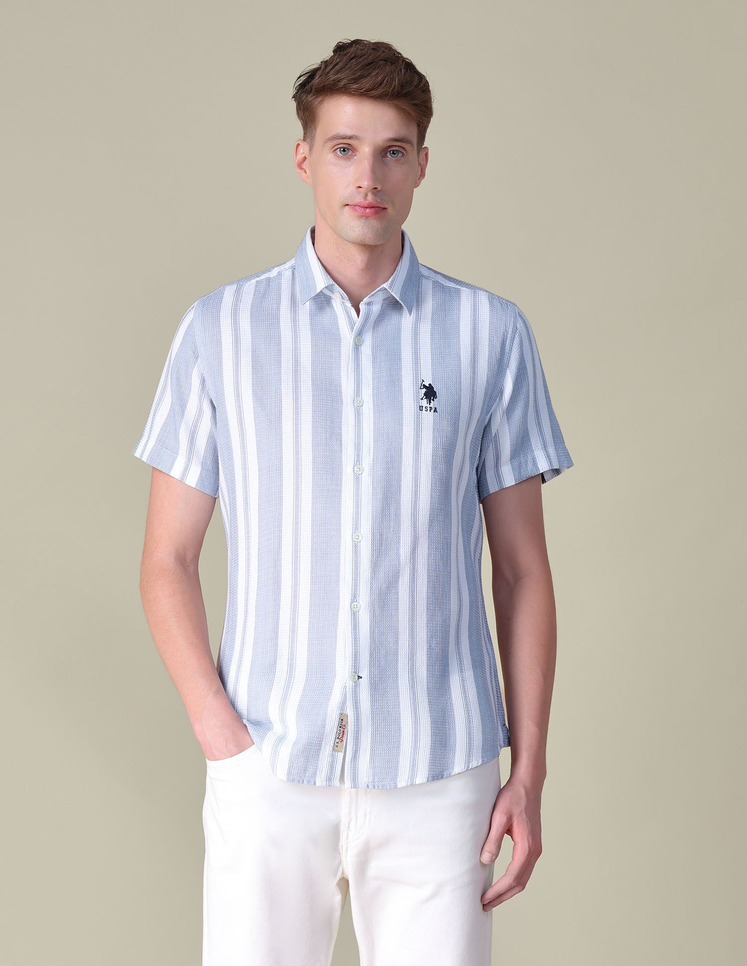 Textured Vertical Striped Regular Fit Shirt Blue - U.S. POLO ASSN. | Large