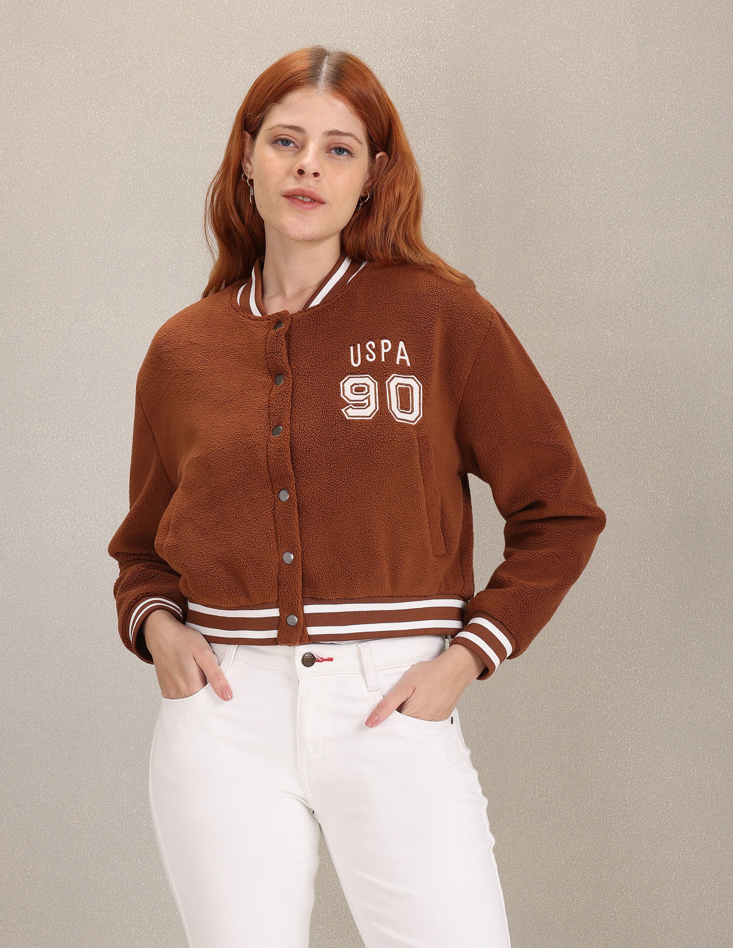 Solid Faux Fur Varsity Jacket Brown - U.S. POLO ASSN. | Large