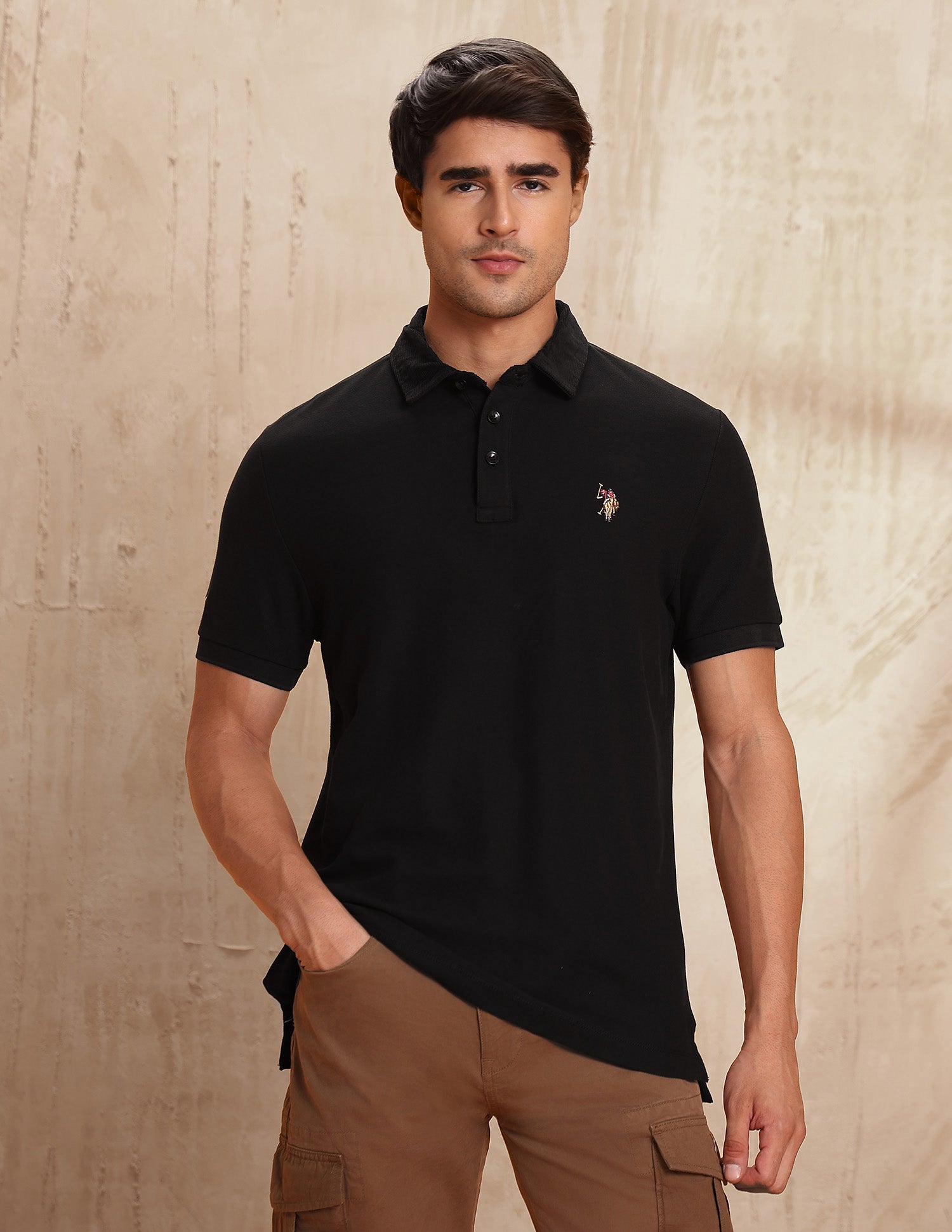 Textured Pure Cotton Polo Shirt Black - U.S. POLO ASSN. | Large
