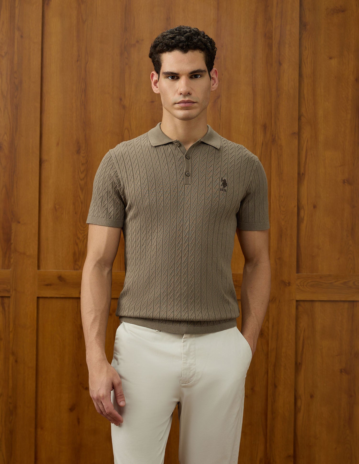 Patterned Knit Equestrian Aisle Theater Polo Shirt Light Brown - U.S. POLO ASSN. | Large