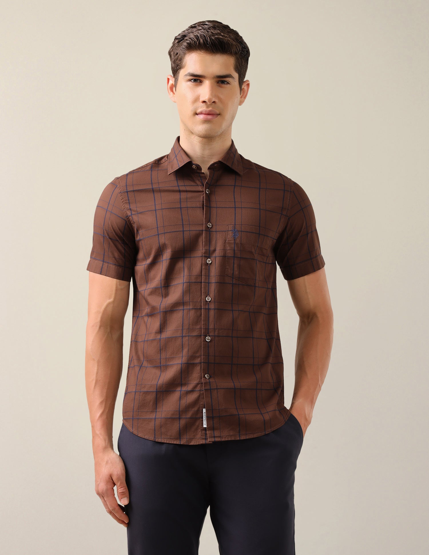 Grid Tattersall Checked Tailored Fit Shirt Brown - U.S. Polo Assn. India | Large