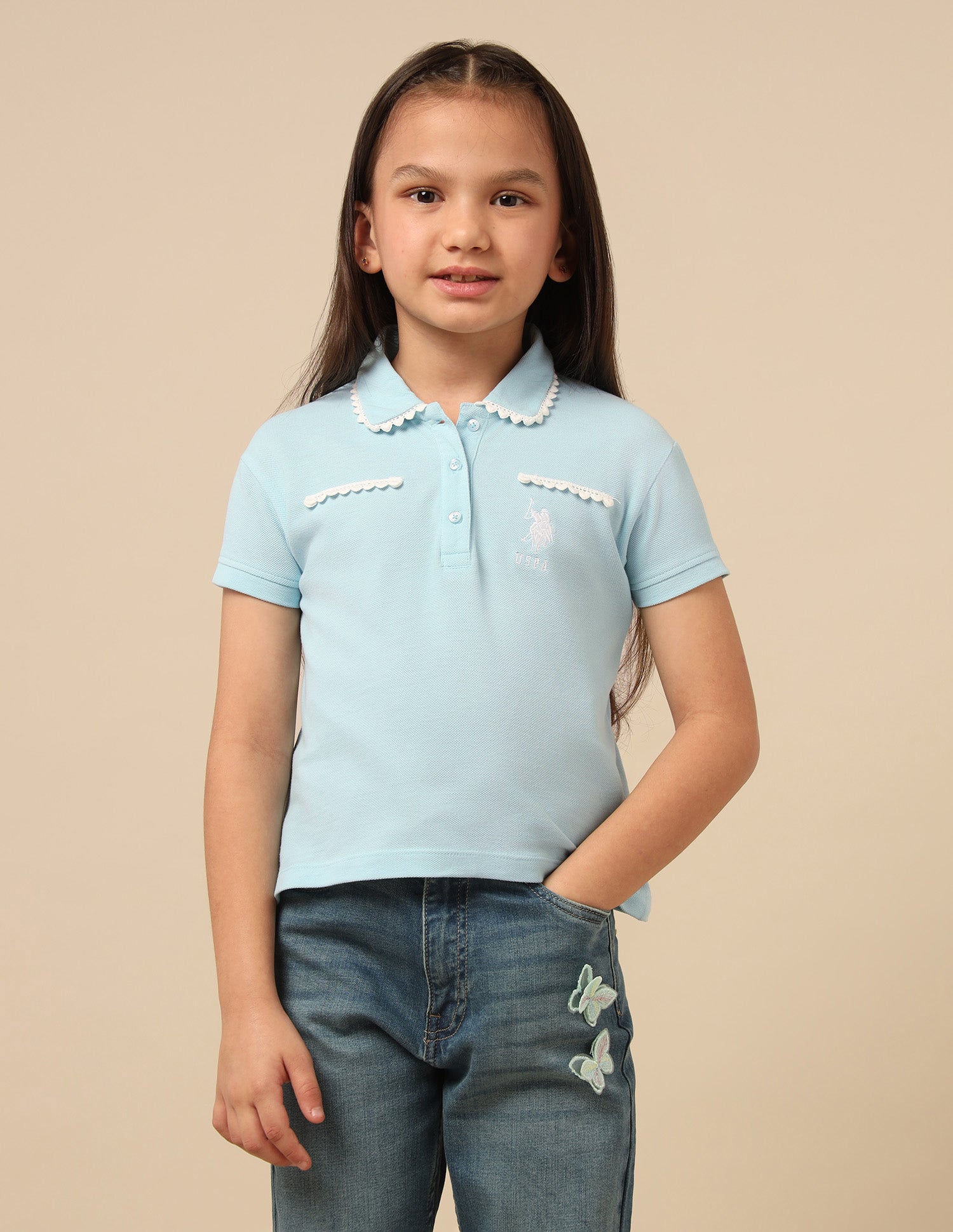 Girls Solid Lace Trim Top Light Blue - U.S. POLO ASSN. | Large