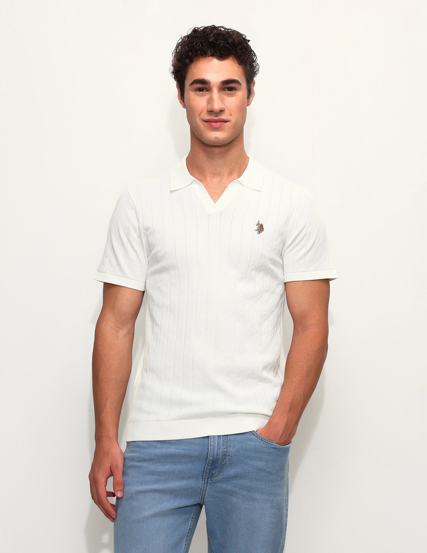 Self Design Vertical Striped Slim Fit Polo Shirt Off White - U.S. Polo Assn. India | Large