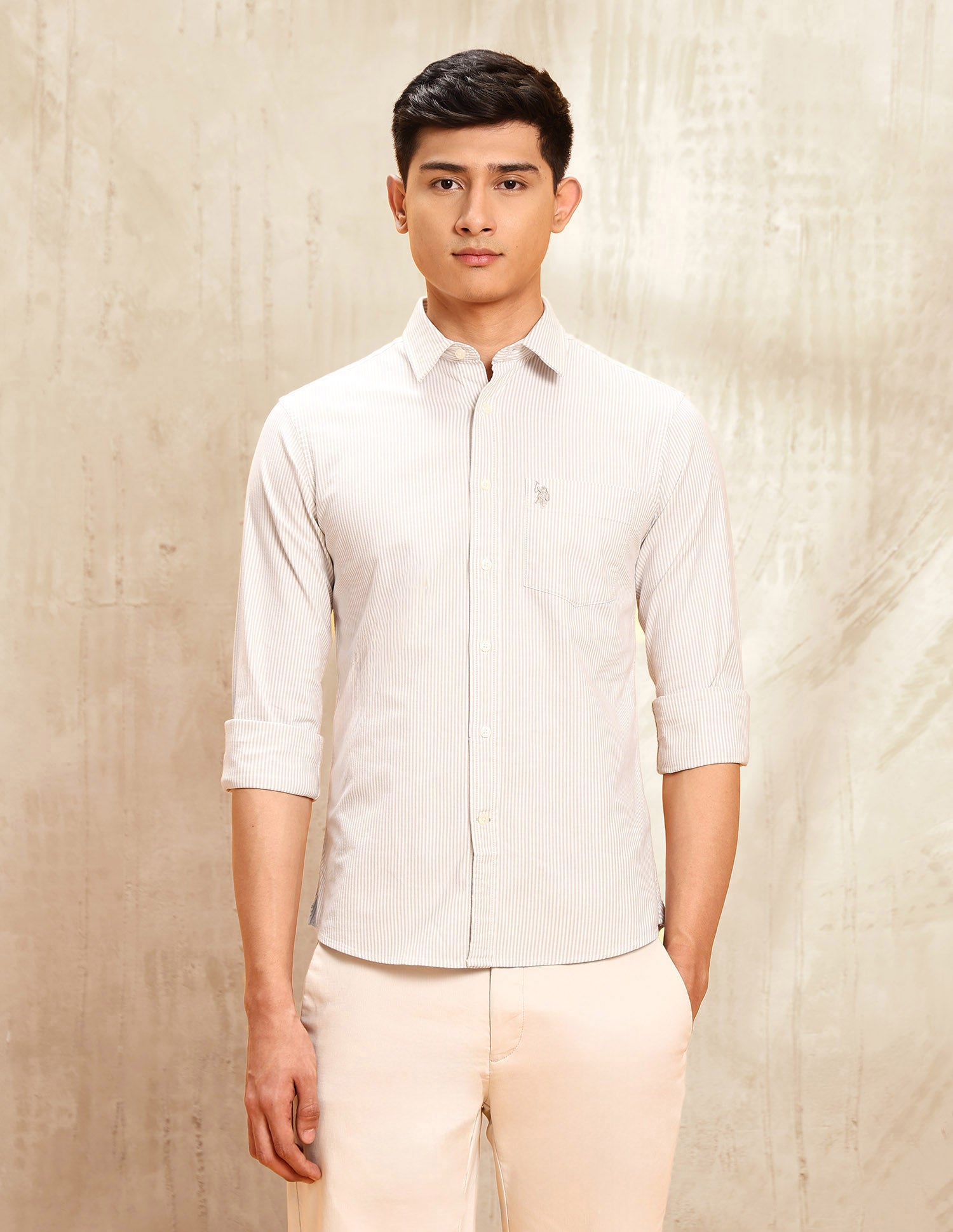 Vertical Striped Tailored Fit Shirt Beige - U.S. POLO ASSN. | Large