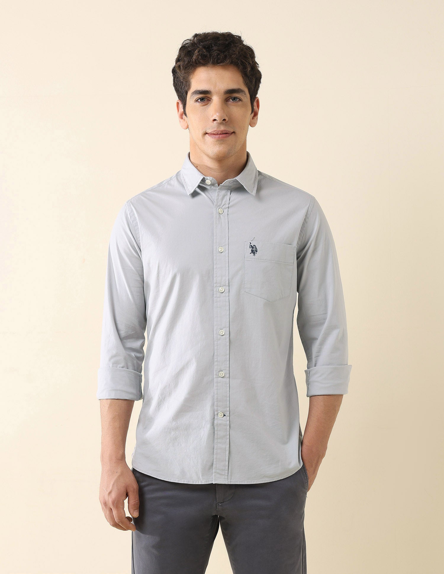 Solid Tailored Fit Regular Shirt Light Grey - U.S. Polo Assn. India | Large
