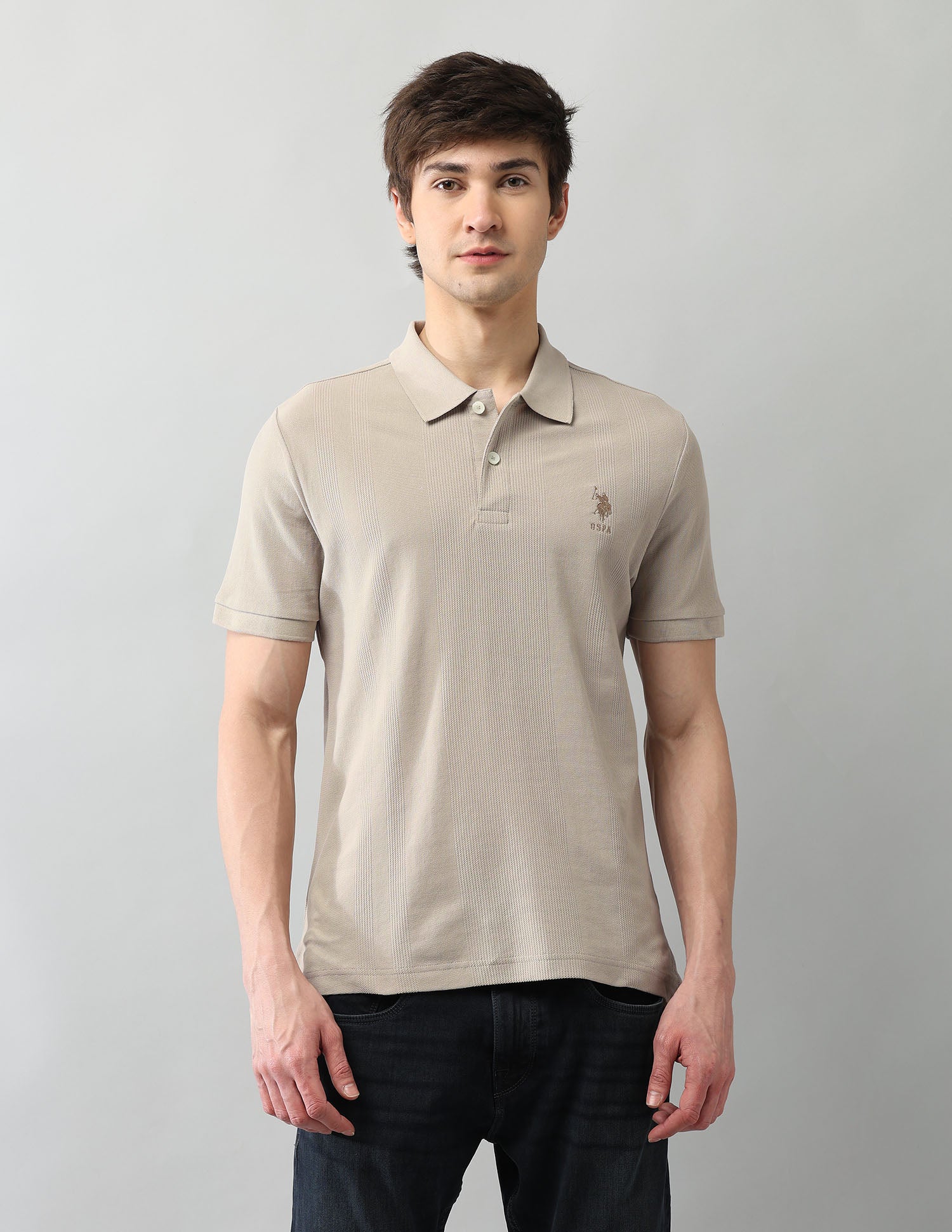 Textured Pure Cotton Black Label Polo Shirt Beige - U.S. Polo Assn. India | Large
