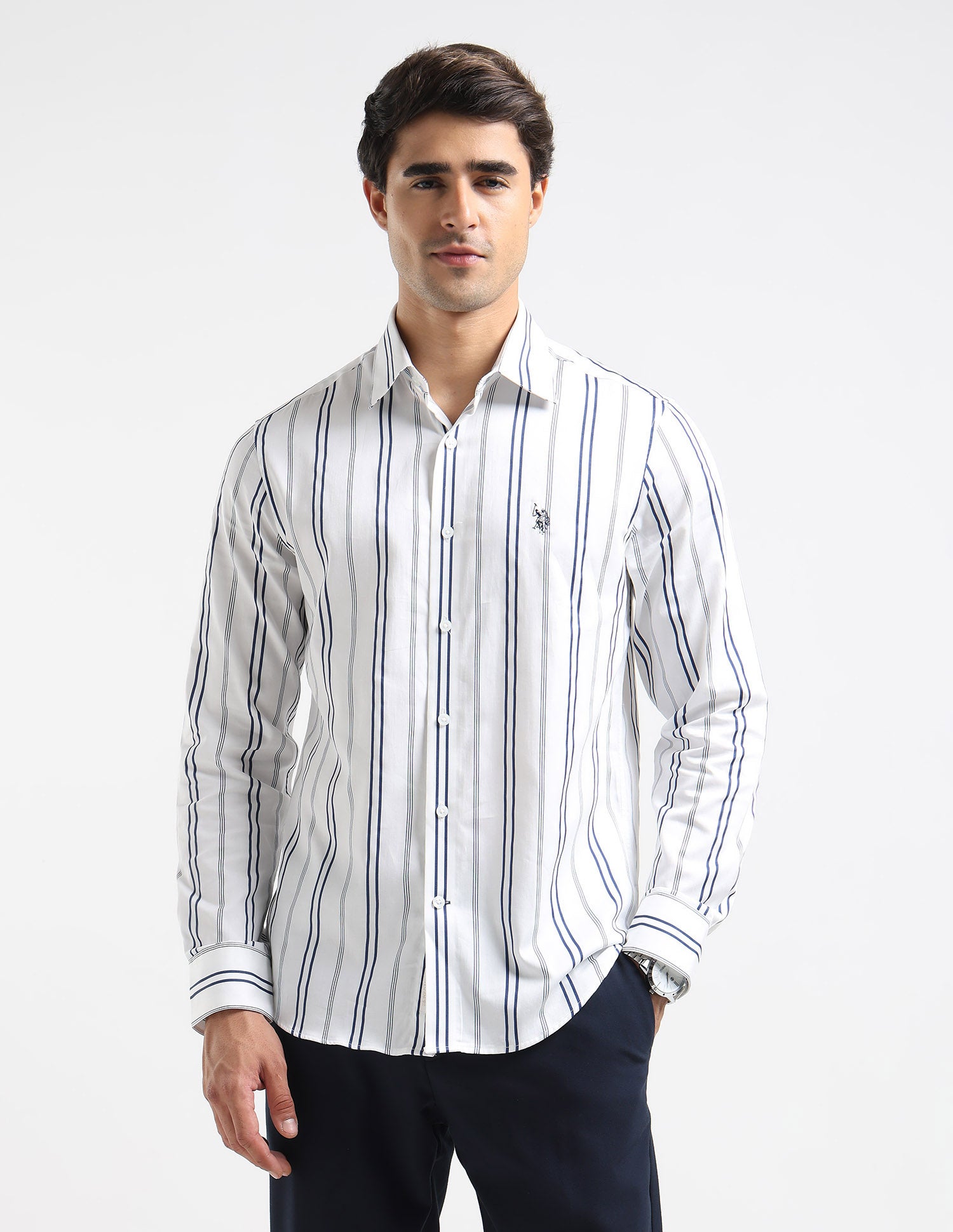 Vertical Striped Pure Cotton Shirt Navy - U.S. POLO ASSN. | Large