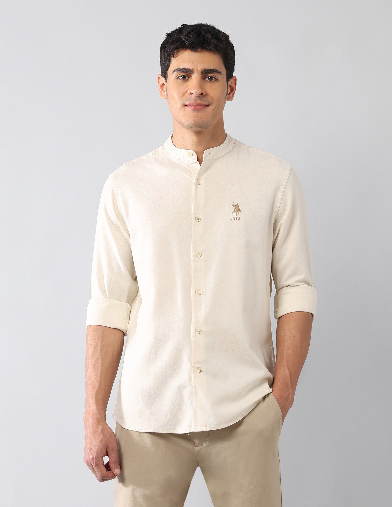 Solid Twill Regular Fit Shirt Ecru - U.S. Polo Assn. India | Large