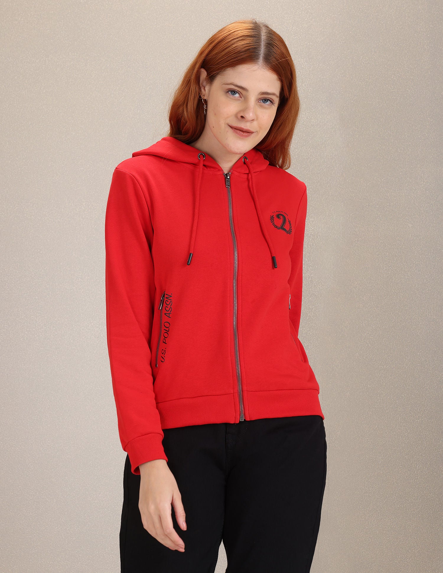 Solid Hooded Cropped Sweatshirt Red - U.S. Polo Assn. India | Large