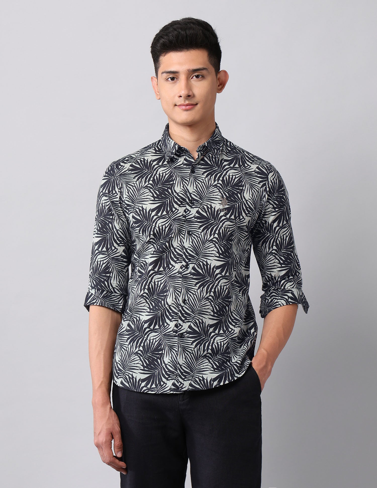 Tropical Printed Poplin Shirt Dark Grey - U.S. Polo Assn. India | Large