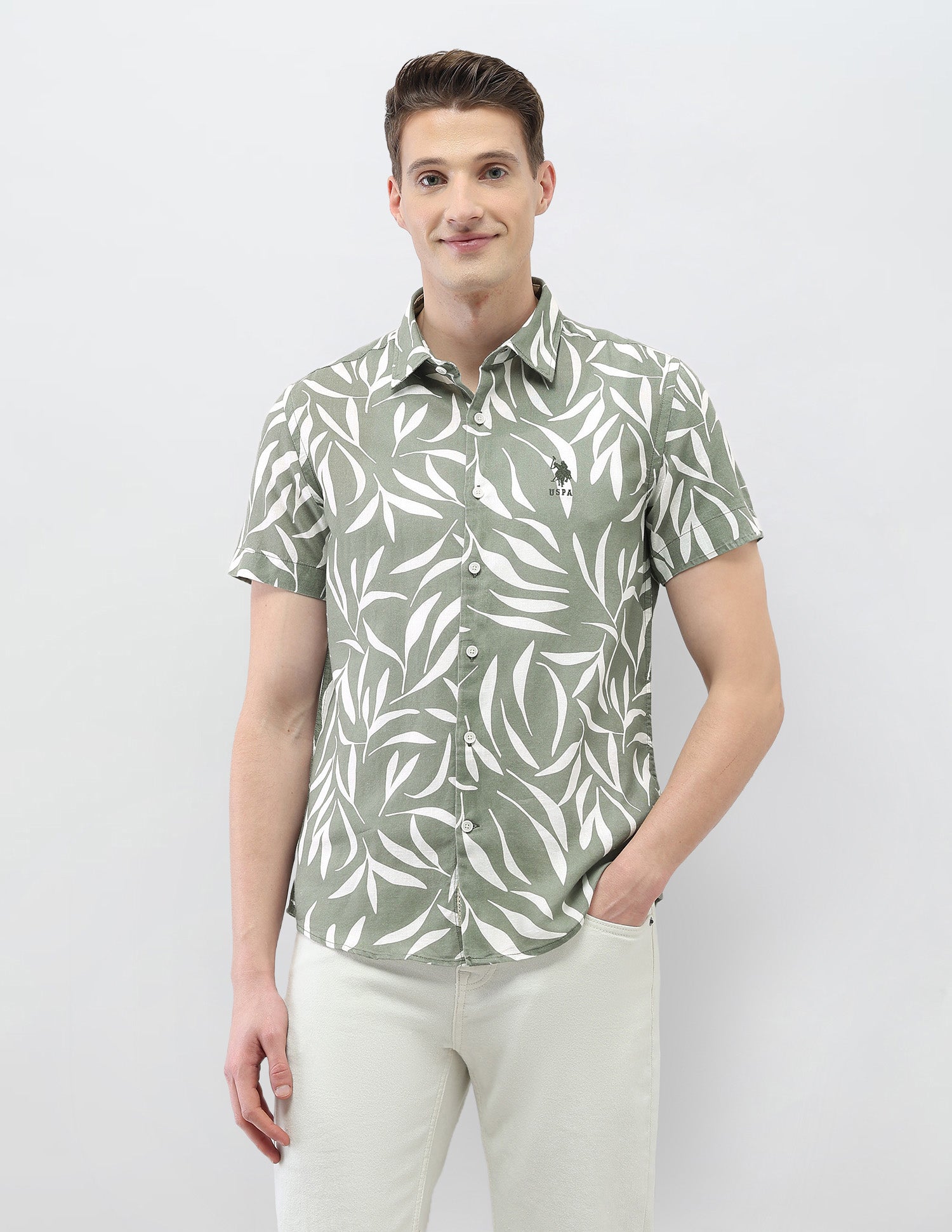 Tropical Printed Motel On The Coast Shirt Light Green - U.S. Polo Assn. India | Large