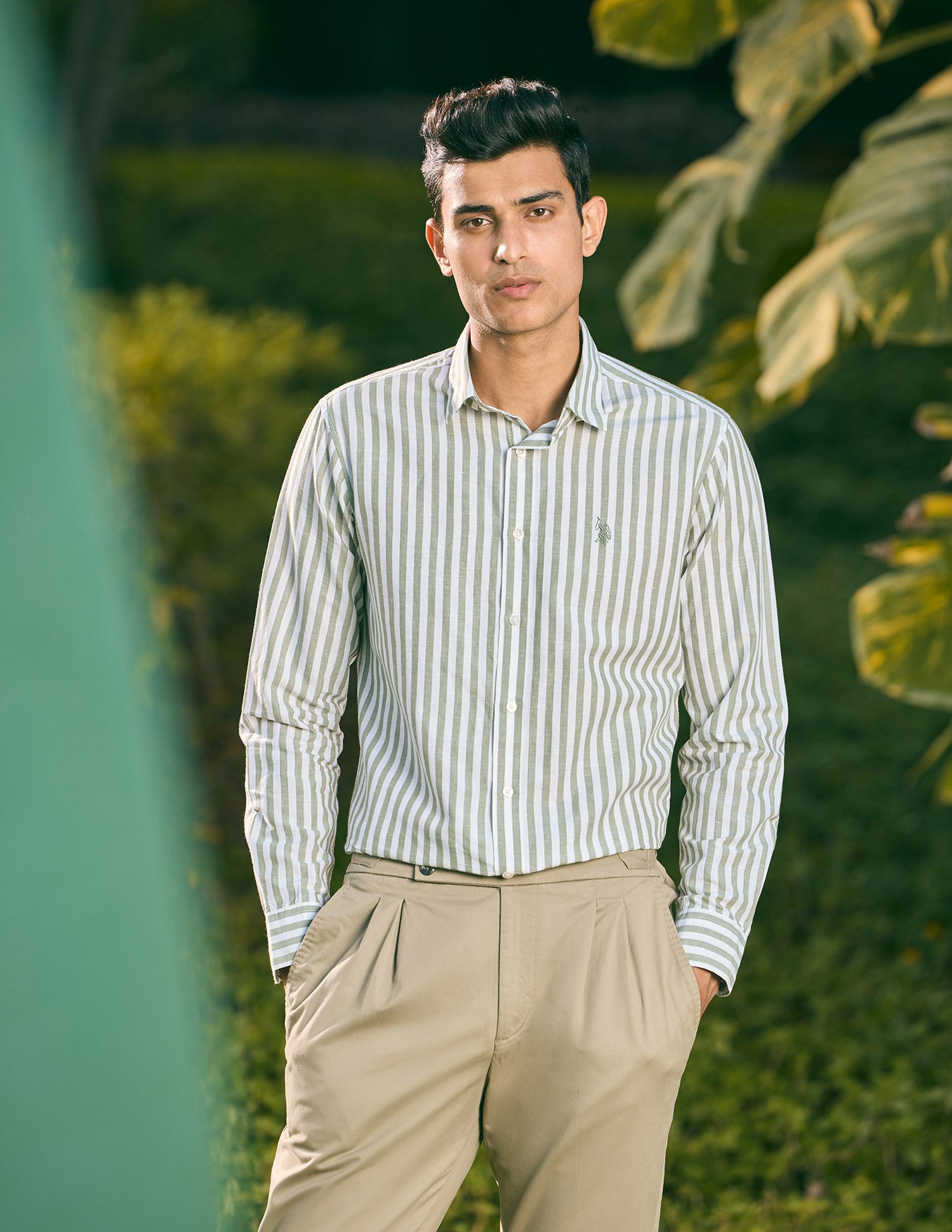 Pacho X Vertical Stripe Cotton Linen Shirt Light Green - U.S. POLO ASSN. | Large