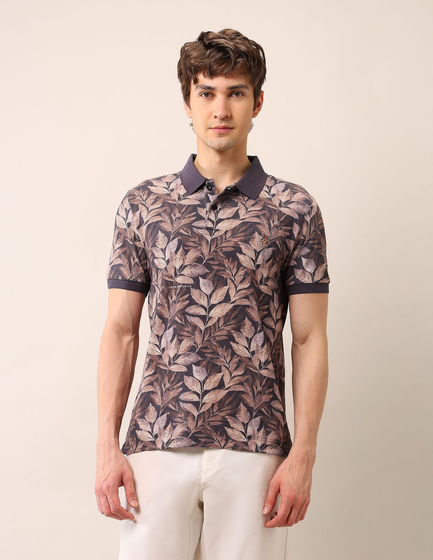Tropical Printed Pure Cotton Polo Shirt Black - U.S. Polo Assn. India | Large
