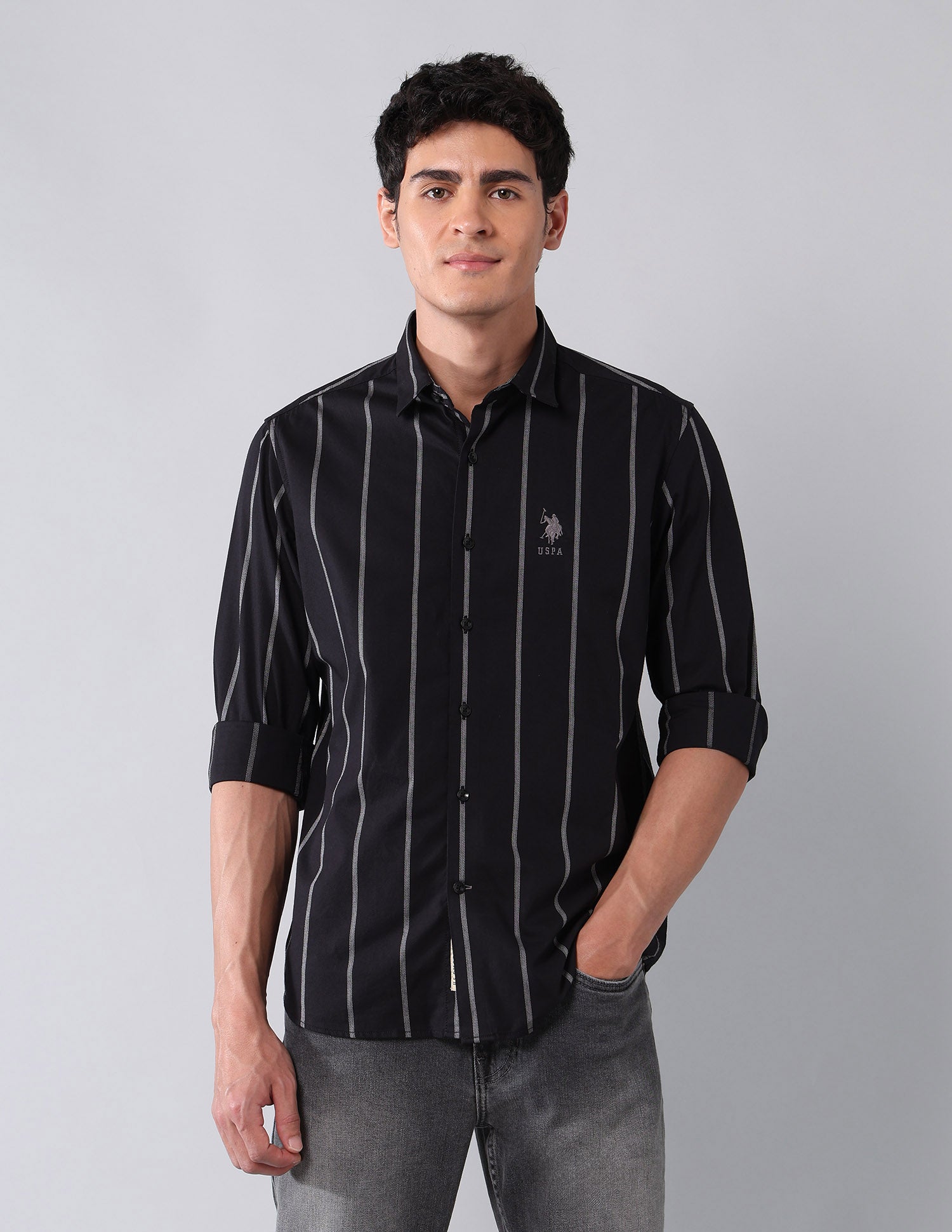 Vertical Striped Dobby Shirt Black - U.S. Polo Assn. India | Large