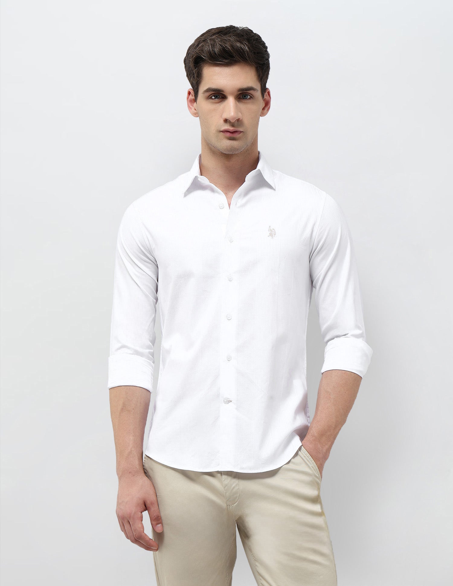 Tailored Fit Self Design Vertical Striped Shirt White - U.S. POLO ASSN. | Large