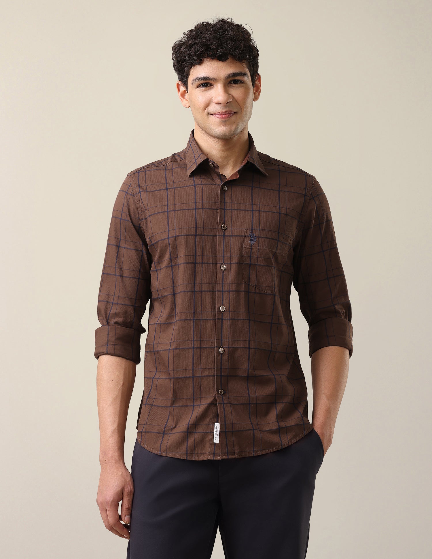 Windowpane Checked Tailored Fit Shirt Brown - U.S. Polo Assn. India | Large
