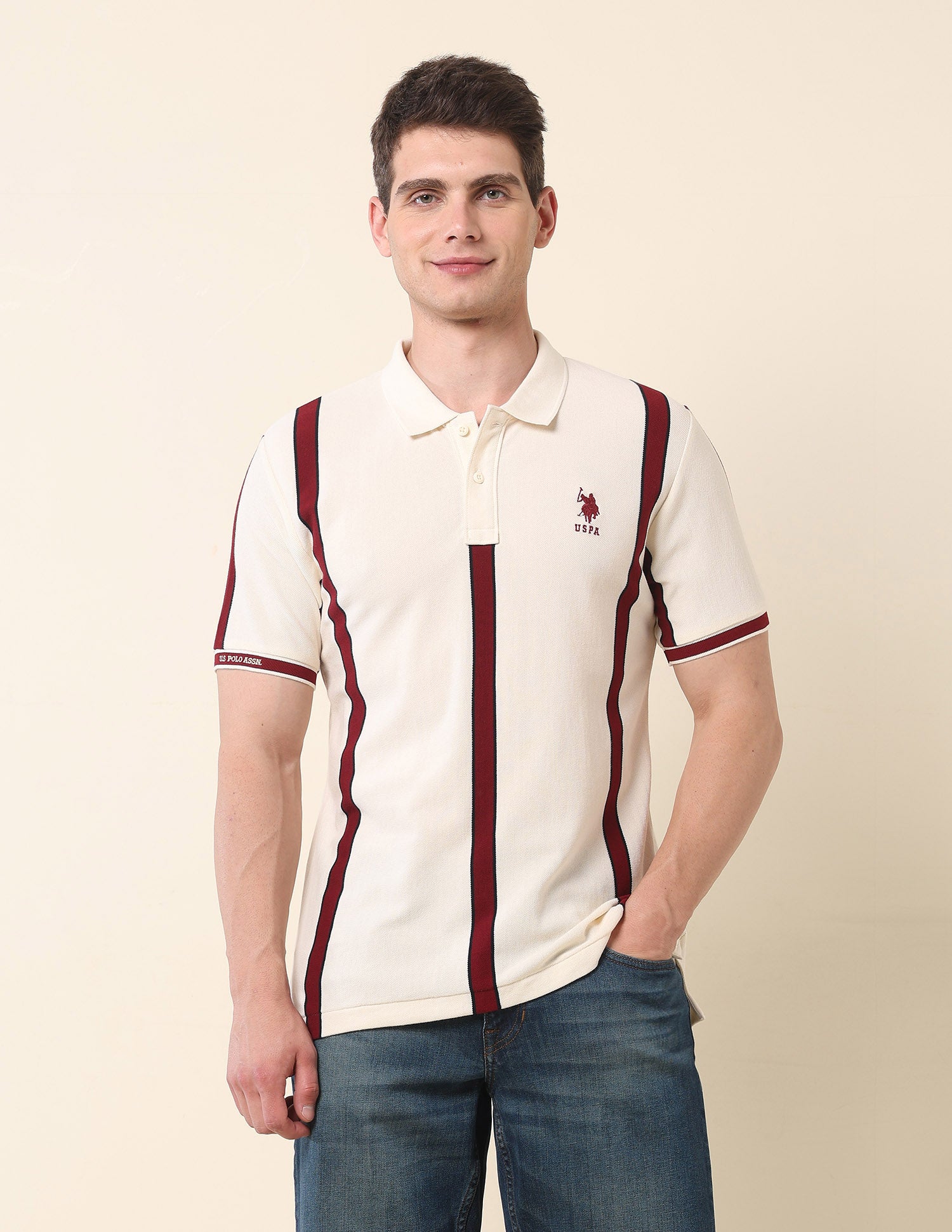 Vertical Striped Gold Cup Polo Shirt Off White - U.S. Polo Assn. India | Large