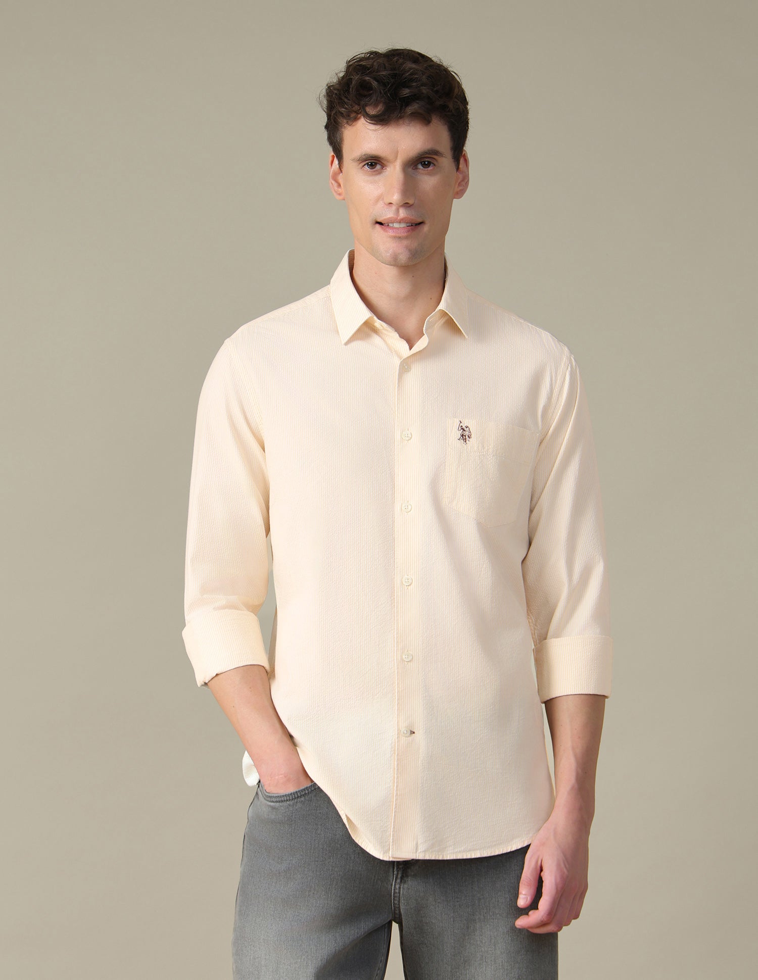 Vertical Striped Seersucker Shirt Light Yellow - U.S. Polo Assn. India | Large