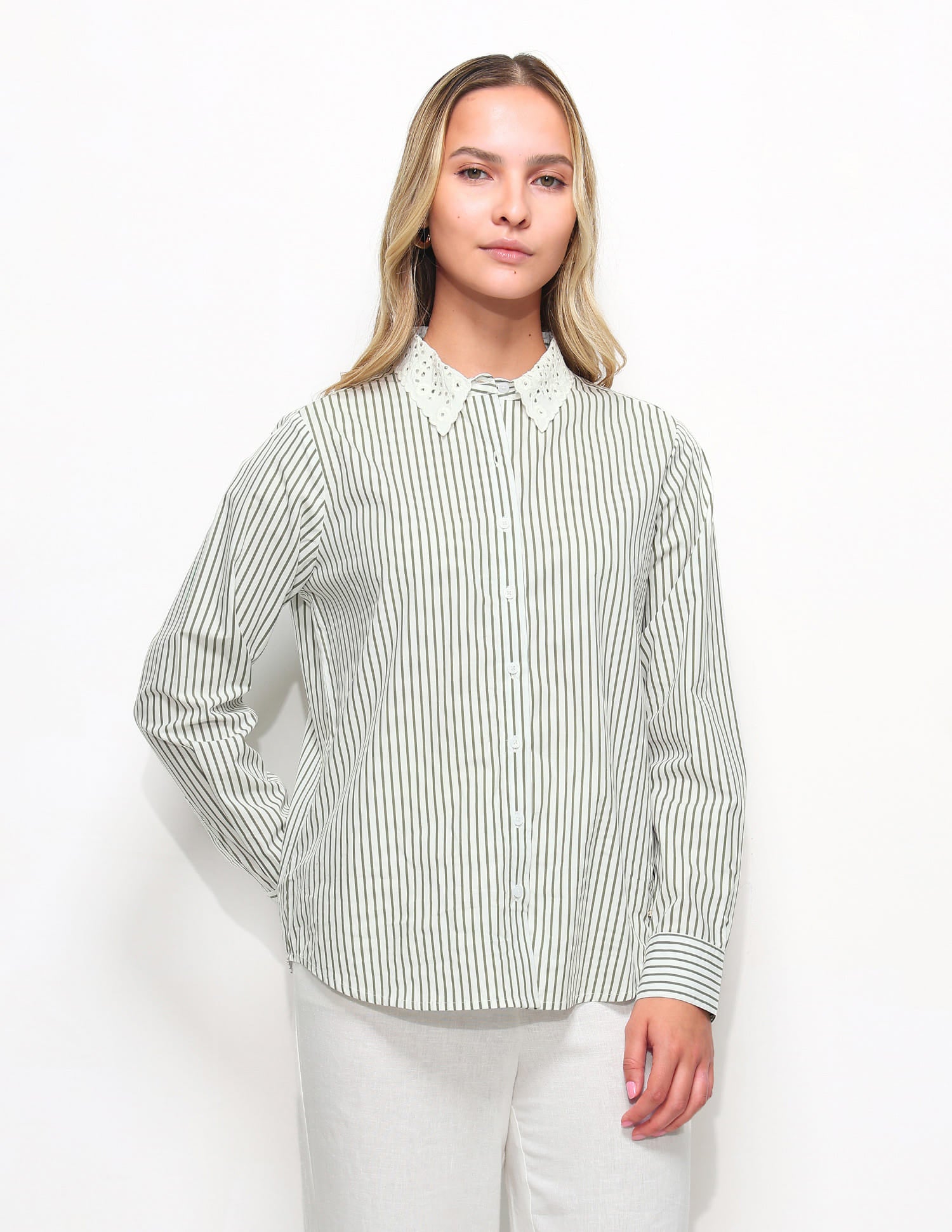 Regular Fit Striped Shirt With Schiffli Collar Green - U.S. Polo Assn. India | Large
