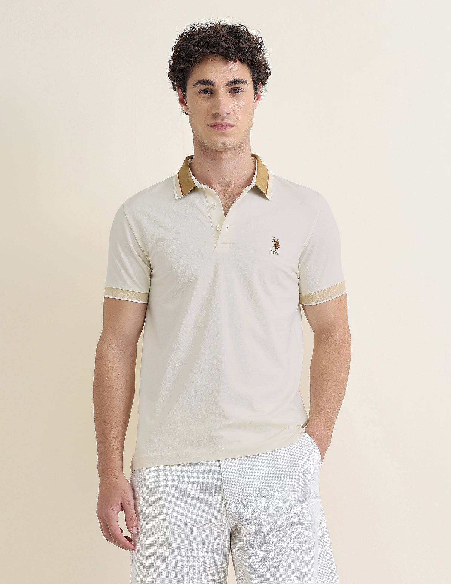 Solid Slim Fit Polo Shirt Beige - U.S. Polo Assn. India | Large