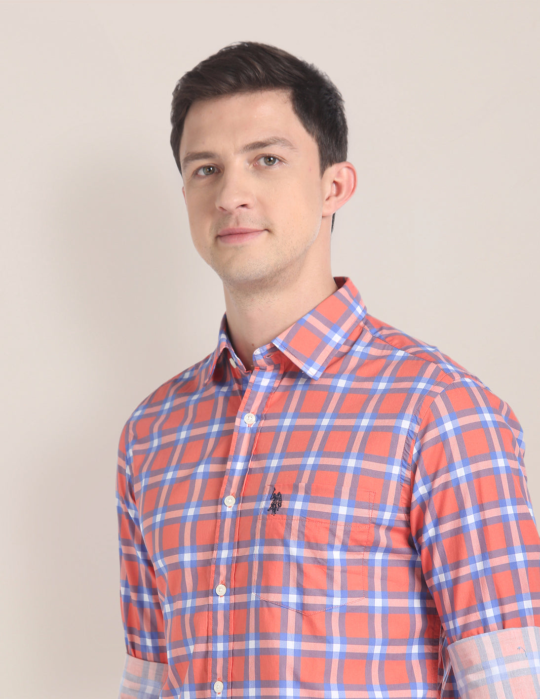 Rounded Cuff Check Casual Shirt Coral - U.S. Polo Assn. India | Large
