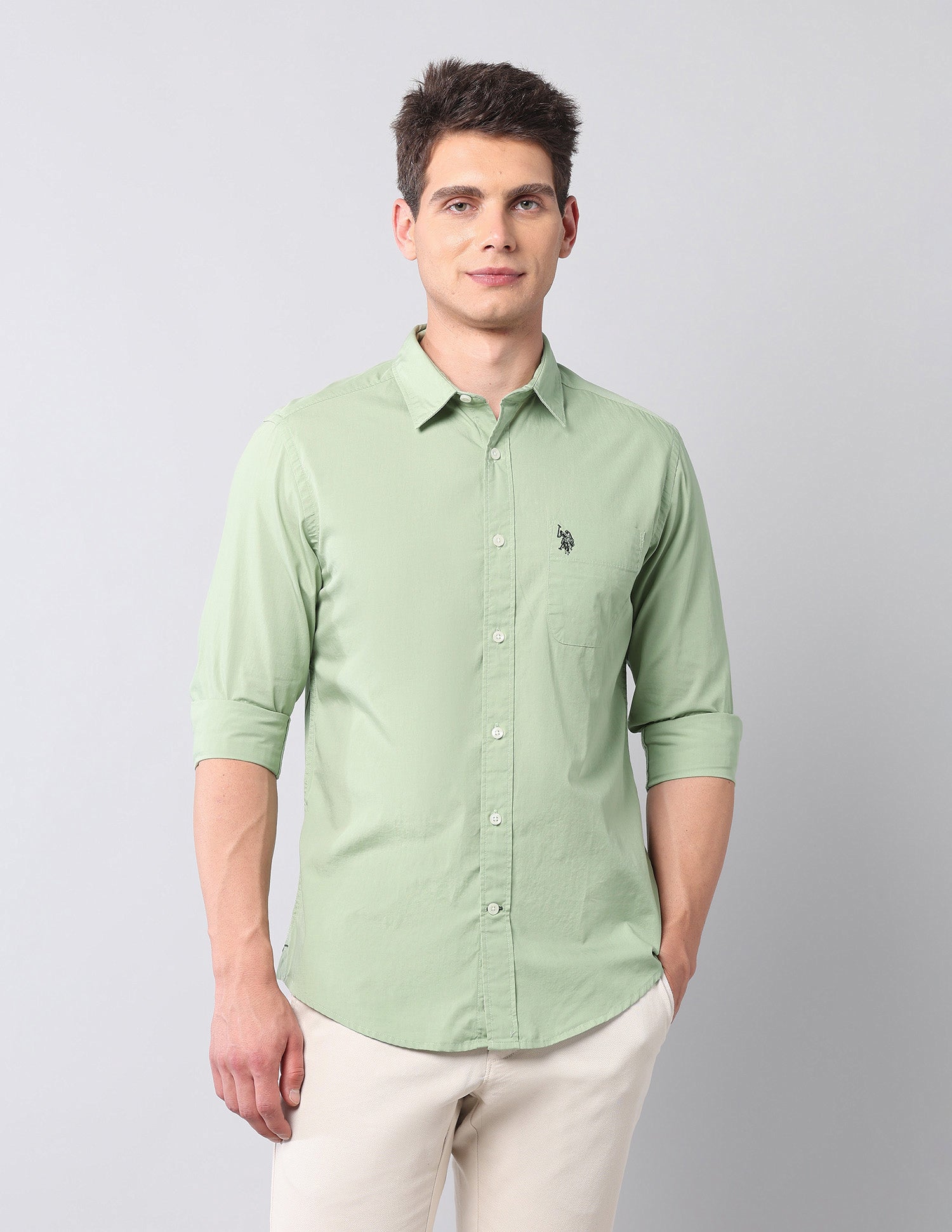 Pure Cotton Regular Fit Shirt Light Green - U.S. Polo Assn. India | Large