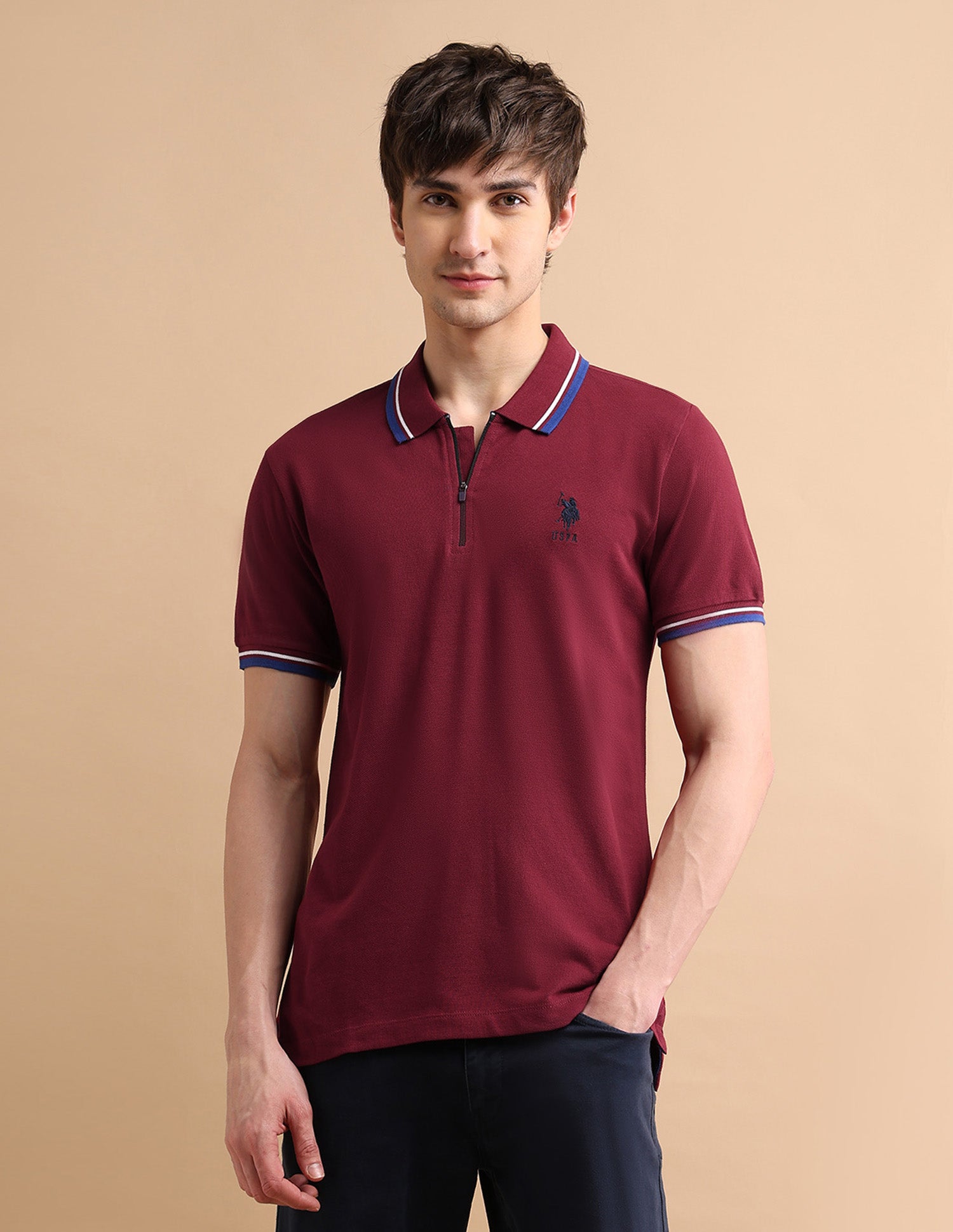 Tipped Zipper Polo Shirt Maroon - U.S. POLO ASSN. | Large