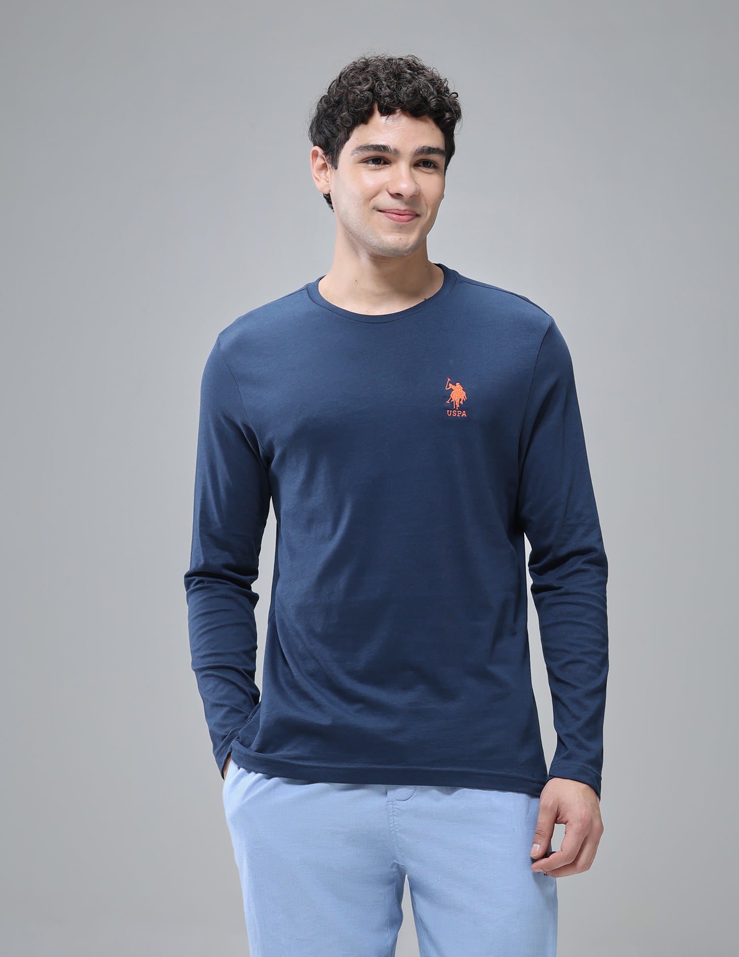 Pure Cotton Long Sleeve I693 Lounge T-Shirt - Pack Of 1 Medium Blue - U.S. Polo Assn. India | Large
