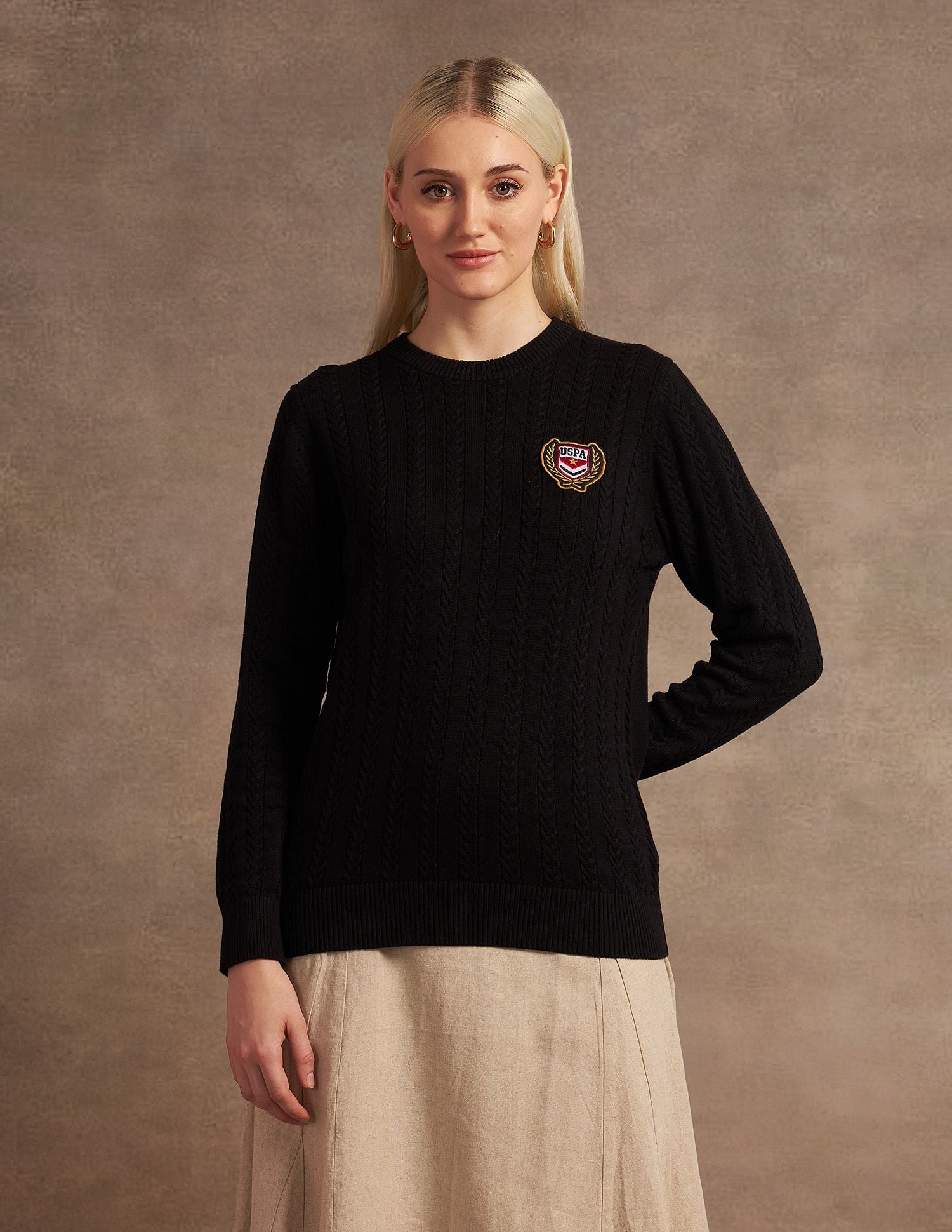 Crew Neck Cable Knit Sweater Black - U.S. Polo Assn. India | Large
