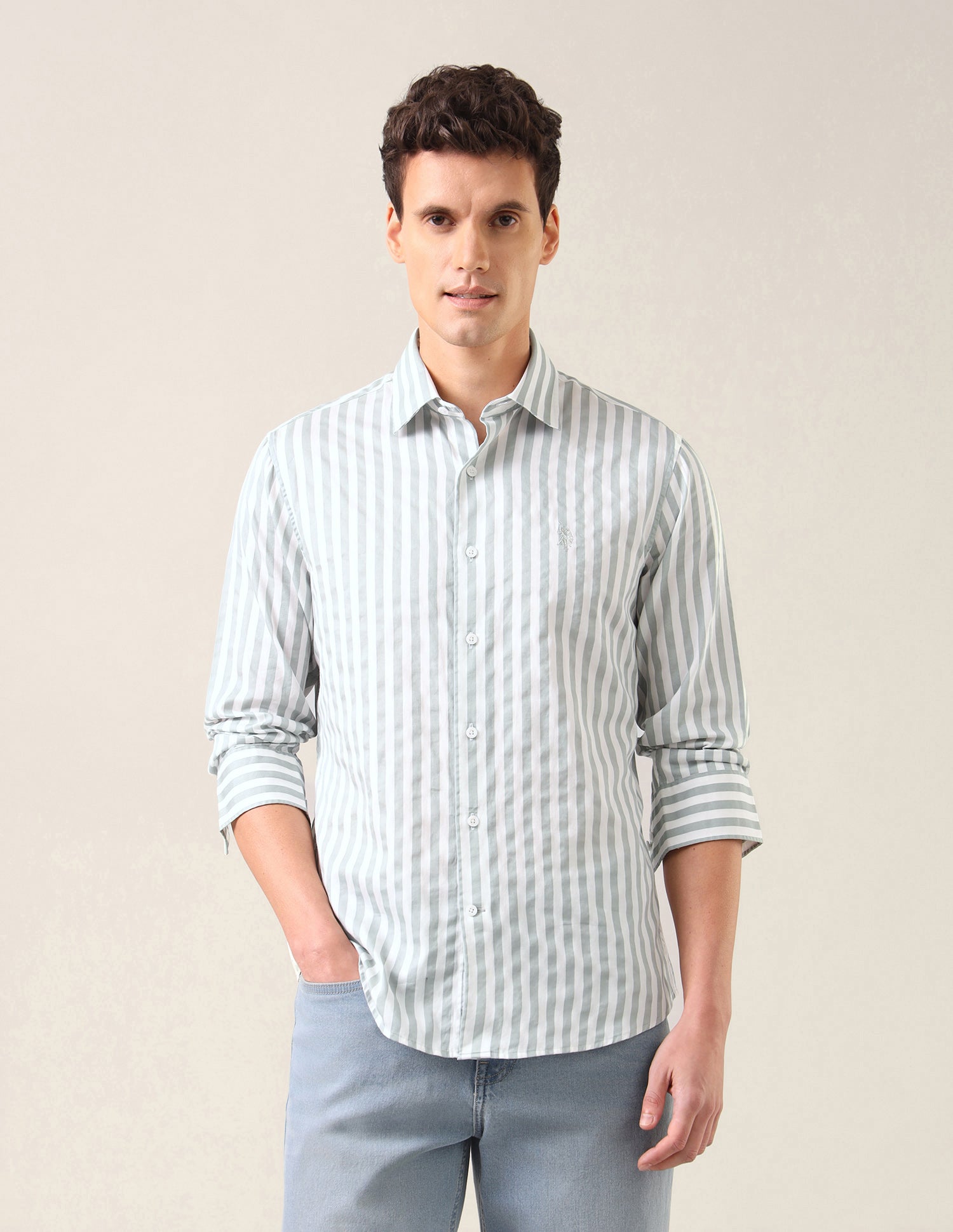 Vertical Striped Satin Shirt Light Green - U.S. Polo Assn. India | Large