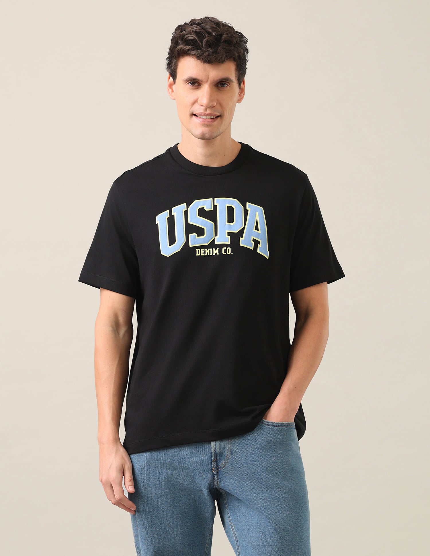 Typographic Brand Printed Relaxed Fit T-Shirt Black - U.S. Polo Assn. India | Large