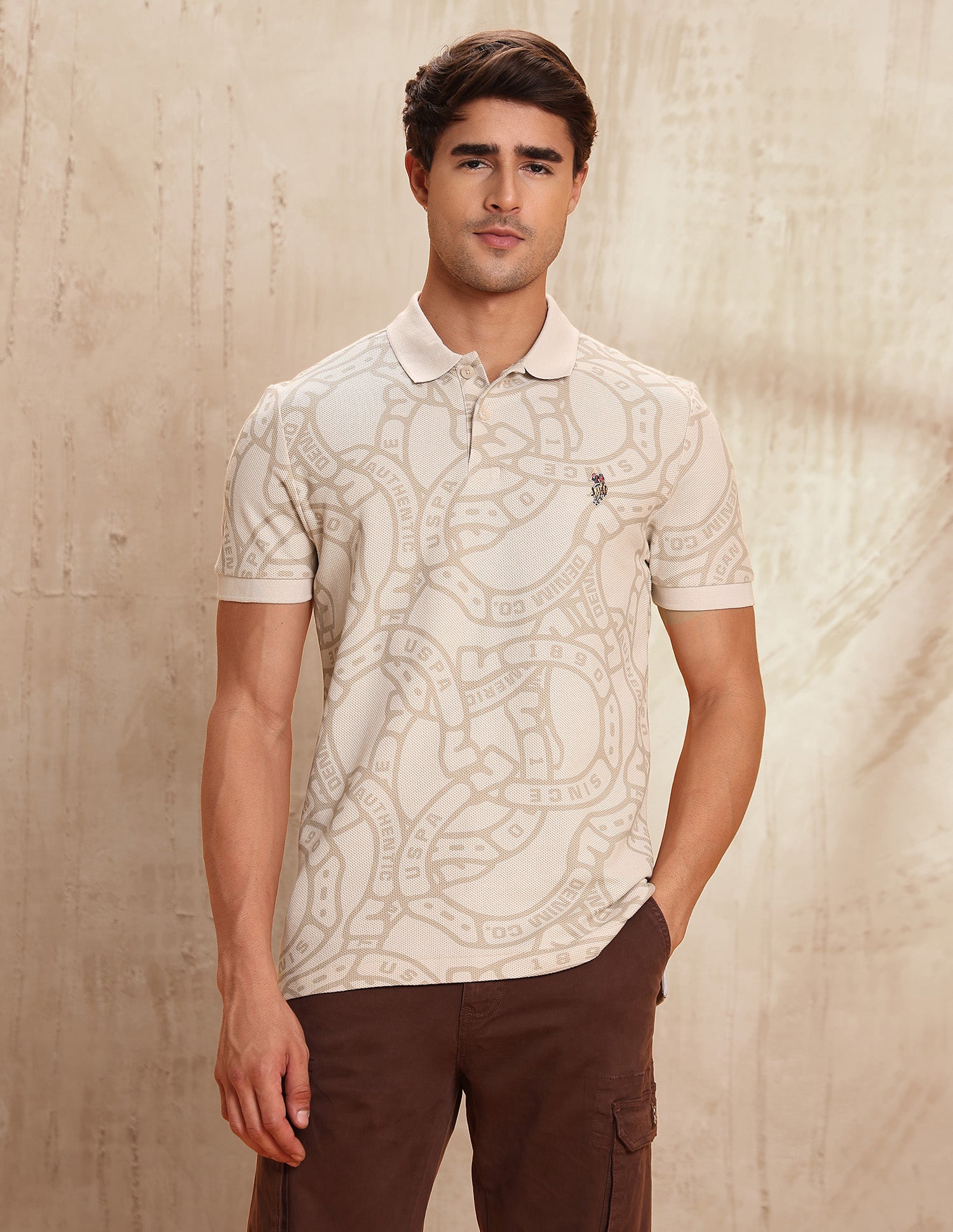 Pure Cotton All-Over Printed Polo Shirt Beige - U.S. POLO ASSN. | Large
