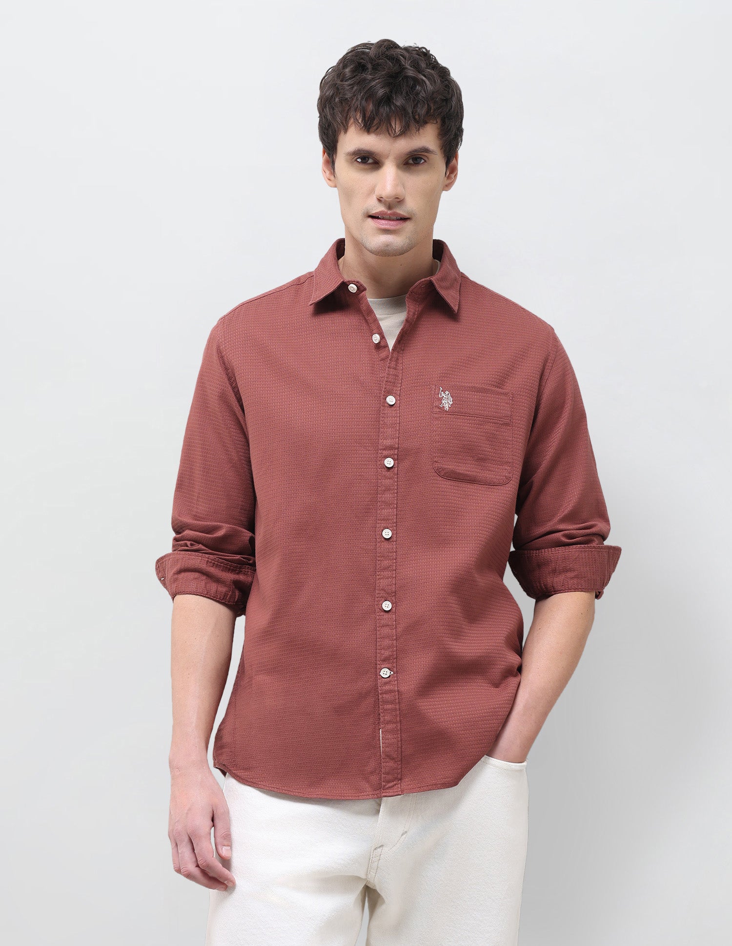 Textured Regular Fit Shirt Rust - U.S. Polo Assn. India | Large