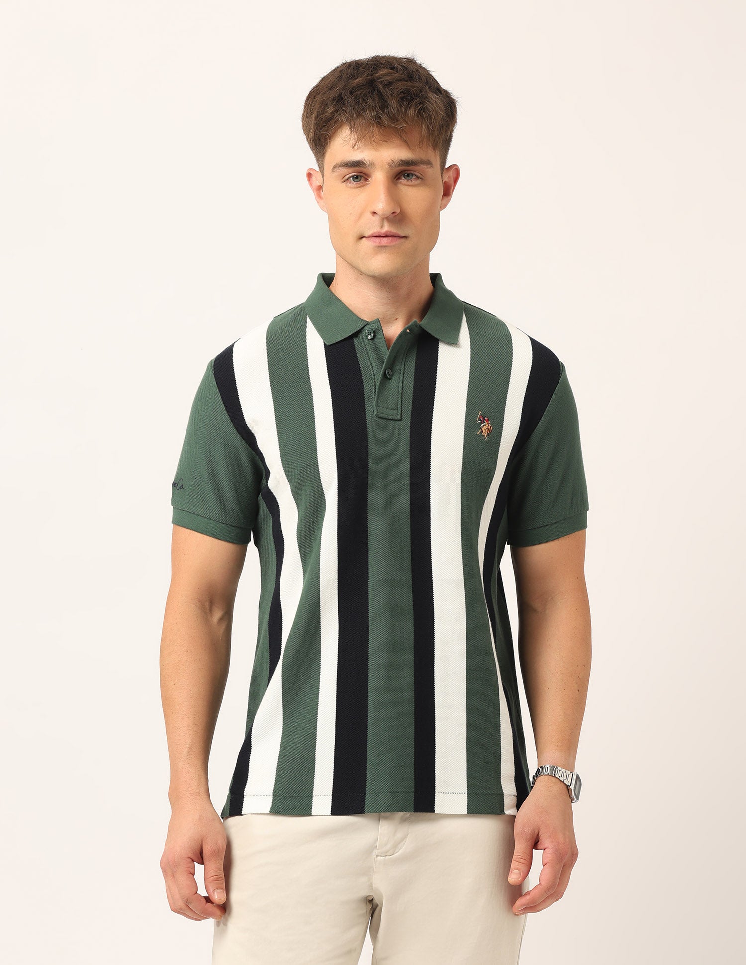 Vertical Striped Muscle Fit Polo Shirt Olive - U.S. Polo Assn. India | Large