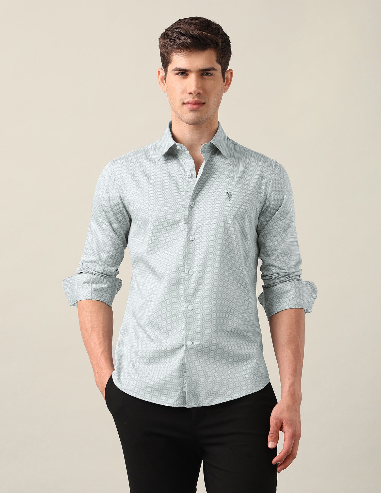 Geometric Printed Satin Shirt Light Grey - U.S. Polo Assn. India | Large
