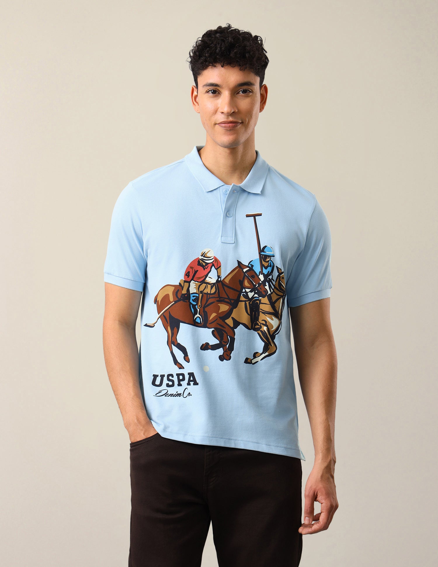 Graphic Brand Printed Slim Fit Polo Shirt Light Blue - U.S. Polo Assn. India | Large