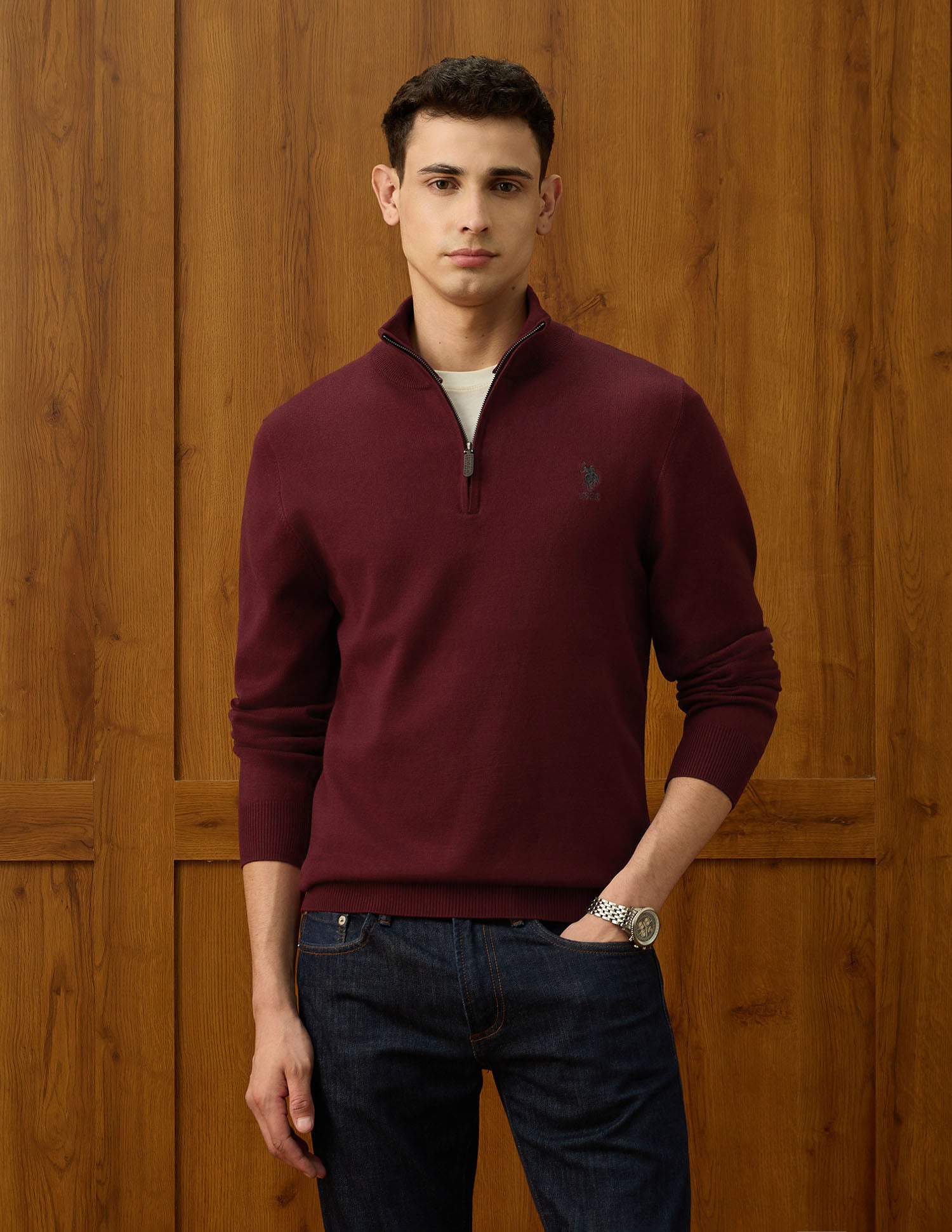 Solid Varsity Theatre Sweater Maroon - U.S. Polo Assn. India | Large