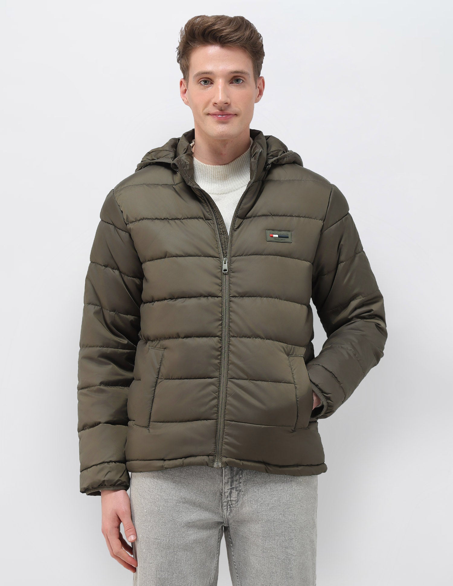 Removable Hood Solid Puffer Jacket Olive - U.S. Polo Assn. India | Large